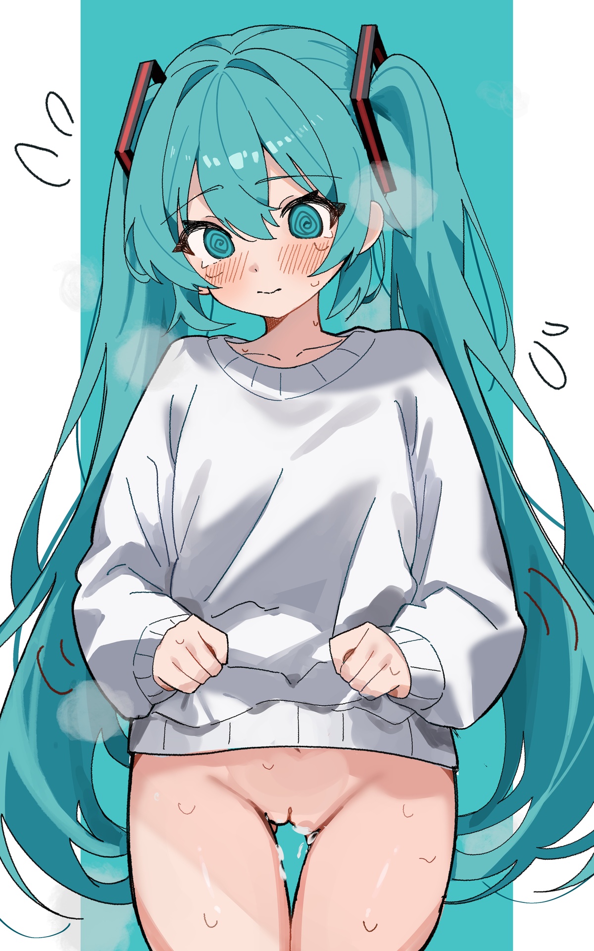 1girl, aqua eyes, aqua hair, bangs, blue hair, blush, bottomless, closed mouth, clothes lift, coco irasuto, cowboy shot, dizzy eyes, female, flying sweatdrops, hair between eyes, hair ornament, hatsune miku, lifted by self, long hair, long sleeves, looking at viewer, pussy, pussy juice, simple background, solo, sweat, sweater, thigh gap, twintails, very long hair, white sweater