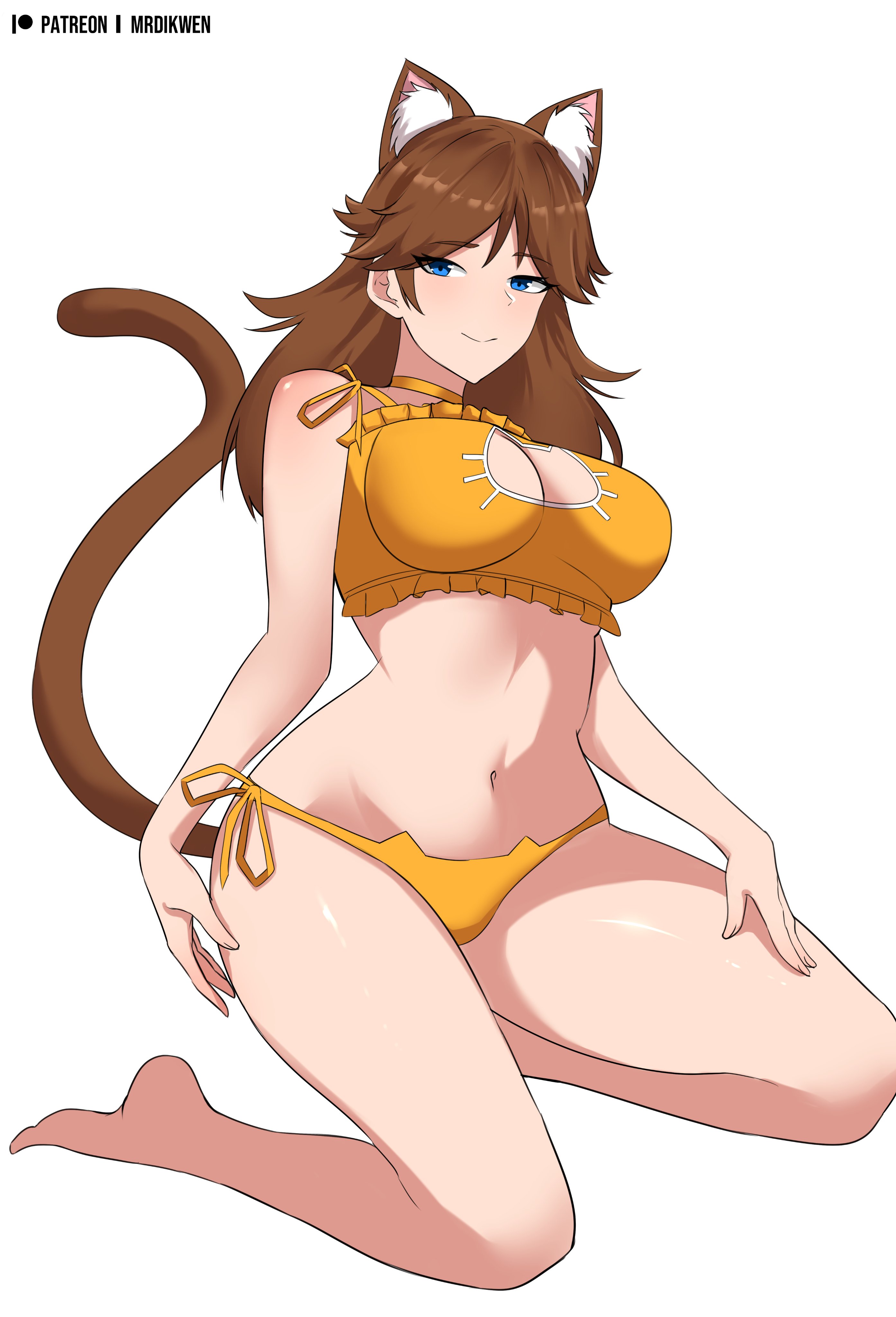 1girls, animal ears, barefoot, blue eyes, blush, breasts, brown hair, cat cutout, cat ear panties, cat ears, cat lingerie, cat tail, cleavage, cleavage cutout, female, female only, kneeling, large breasts, long hair, looking at viewer, mario (series), meme attire, mrdikwen, navel, nintendo, panties, princess daisy, side-tie panties, smile, solo, tail, underwear, underwear only