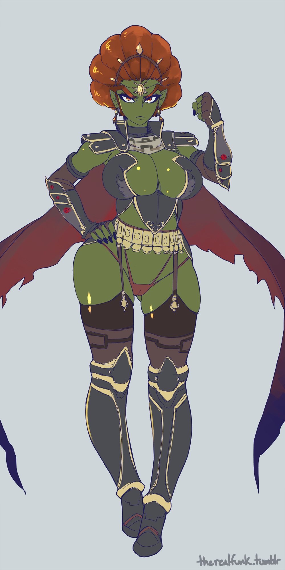 armor boots breasts cape cleavage clenched_hand earrings elbow_gloves female fingerless_gloves frown full-length_portrait full_length ganda ganondorf garter_straps gloves green_skin hand_on_hip large_breasts live_for_the_funk long_fingernails looking_at_viewer nintendo orange_hair panties pointy_ears portrait rule_63 serious sidelocks simple_background solo standing the_legend_of_zelda thick_eyebrows thighhighs tiara underwear vambraces