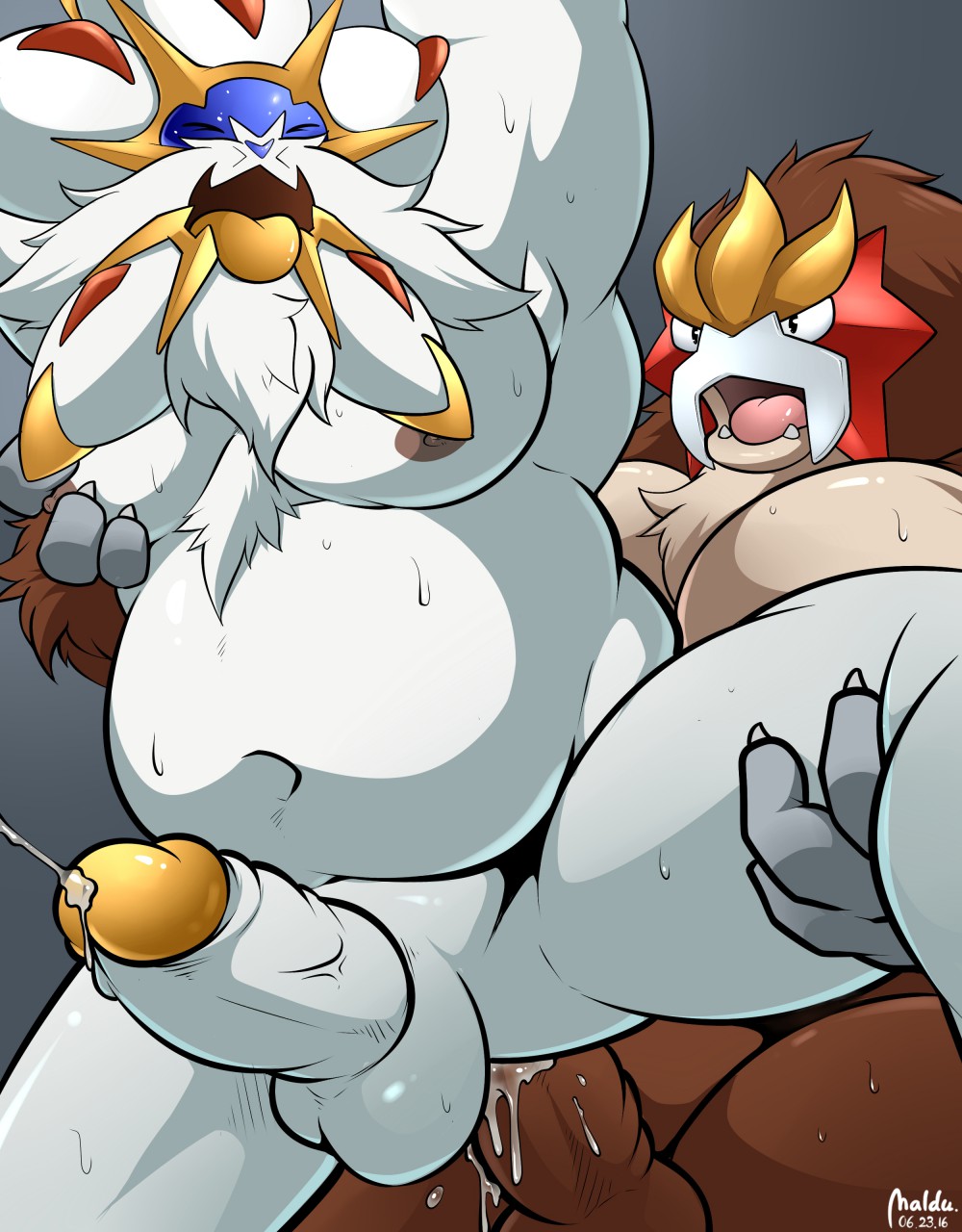 2boys anal cum entei feline from_behind_position furry gay interspecies legendary_pokemon lion maldu male male_only mammal multiple_boys musclegut nintendo nipples orgasm pokemon pokemon_sm sex slightly_chubby solgaleo standing sweat testicles text video_games