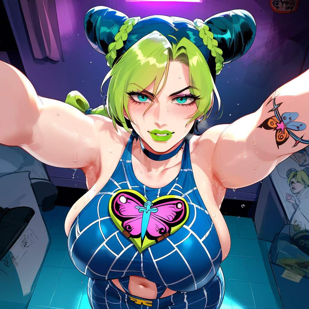 ai_generated armpits black_hair blonde_hair braid breasts bug butterfly condom double_bun female from_above green_eyes green_hair green_lipstick green_nails halter_top halterneck heart huge_breasts insects jojo&#039;s_bizarre_adventure jolyne_kujo kuujou_jolyne large_breasts lipstick multicolored_hair navel_piercing outstretched_arms pov steam sweat tattoo two-tone_hair wide_hips