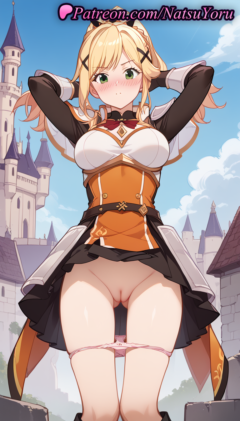 1girls ai_generated anime anime_style armor arms_behind_head arms_up ass_visible_through_thighs bangs belt black_gloves black_shirt black_skirt blonde_hair blue_sky blush boots bow bow_panties braid breasts bust busty capelet castle cleft_of_venus closed_mouth clothes_lift cloud crown_braid darkness_(konosuba) day dress embarrassed feet_out_of_frame female female_focus female_only gloves green_eyes hair_ornament hentai kono_subarashii_sekai_ni_shukufuku_wo! large_breasts long_hair long_sleeves looking_at_viewer medium_breasts miniskirt natsuyoru nose_blush outdoors paipan panties panties_down pantsu panty_pull pink_panties pleated_skirt ponytail pussy shirt shoulder_armor sidelocks skirt sky solo solo_female standing thigh_gap thighs uncensored underwear upskirt vagina voluptuous voluptuous_female x_hair_ornament