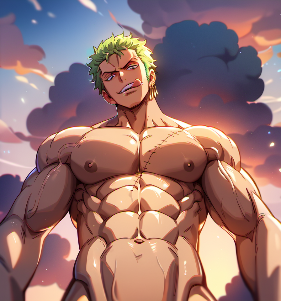 1boy abs ai_generated artist_request bara looking_at_viewer looking_down looking_up male male_only muscular_male one_piece pectorals pov roronoa_zoro