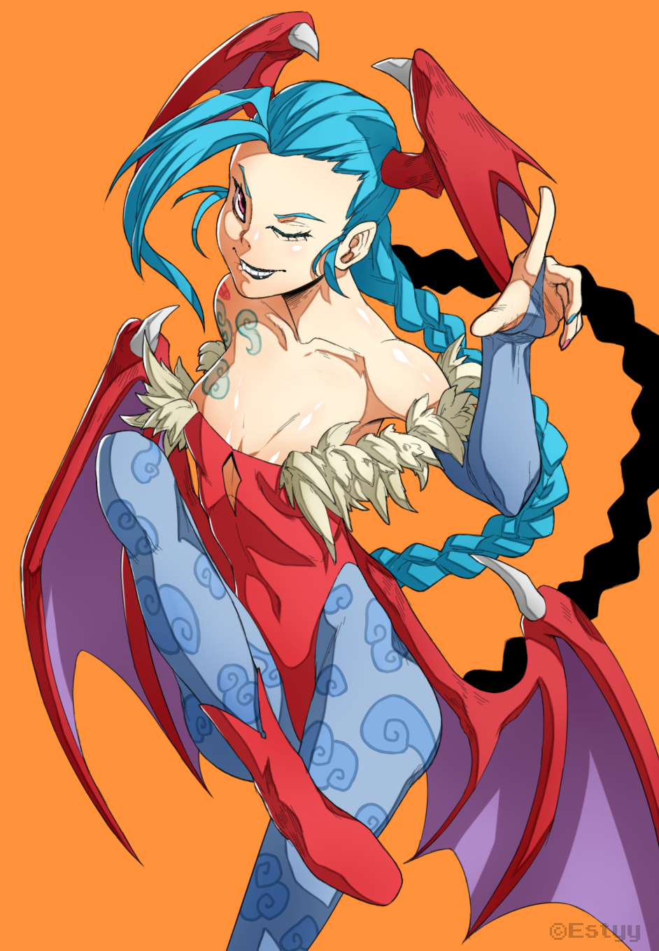 1girls artist_name black_lips blue_hair braid braided_hair braided_ponytail breasts cosplay darkstalkers estyy female female_only head_wings highres jinx_(league_of_legends) league_of_legends lilith_(darkstalkers) lilith_aensland_(cosplay) lipstick makeup one_eye_closed ponytail red_eyes small_breasts tattoo wings wink