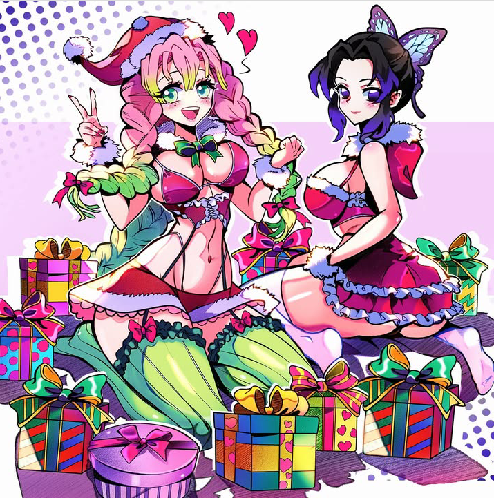 2girls black_hair christmas_lingerie demon_slayer female female_only green_stockings heart hfxpins kanroji_mitsuri kimetsu_no_yaiba kochou_shinobu lingerie multiple_girls pink_hair pink_lingerie presents santa_hat socks