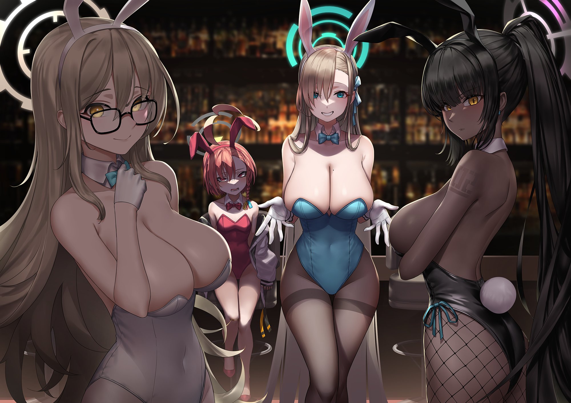4girls, akane (blue archive), akane (bunny) (blue archive), animal ears, asuna (blue archive), asuna (bunny) (blue archive), bar (place), bare shoulders, blue archive, bow, bowtie, breasts, brown pantyhose, bunny ears, bunny tail, bunnysuit, cleavage, detached collar, fake animal ears, female, female only, fishnets, glasses, gloves, hair over one eye, halo, highres, karin (blue archive), karin (bunny) (blue archive), large breasts, looking at viewer, mole, mole on breast, multiple females, multiple girls, neru (blue archive), neru (bunny) (blue archive), official alternate costume, pantyhose, rabbit ears, sideboob, sitting, standing, sunkilow, white gloves, wrist cuffs