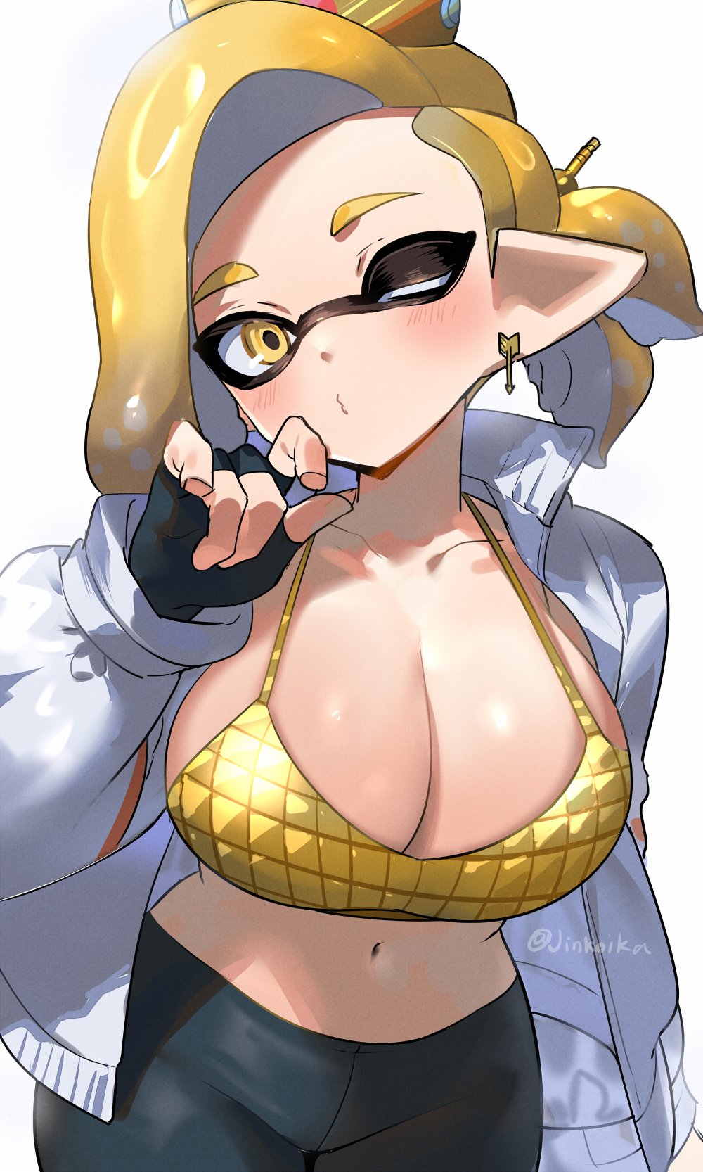 artist_name blonde_hair breasts cleavage crown earrings hair_ornament inkling jinkoika large_breasts looking_at_viewer navel nintendo open_jacket pointy_ears short_hair simple_background splatoon splatoon_3 tentacle_hair white_background wink winking_at_viewer yellow_eyes yellow_hair yellow_top