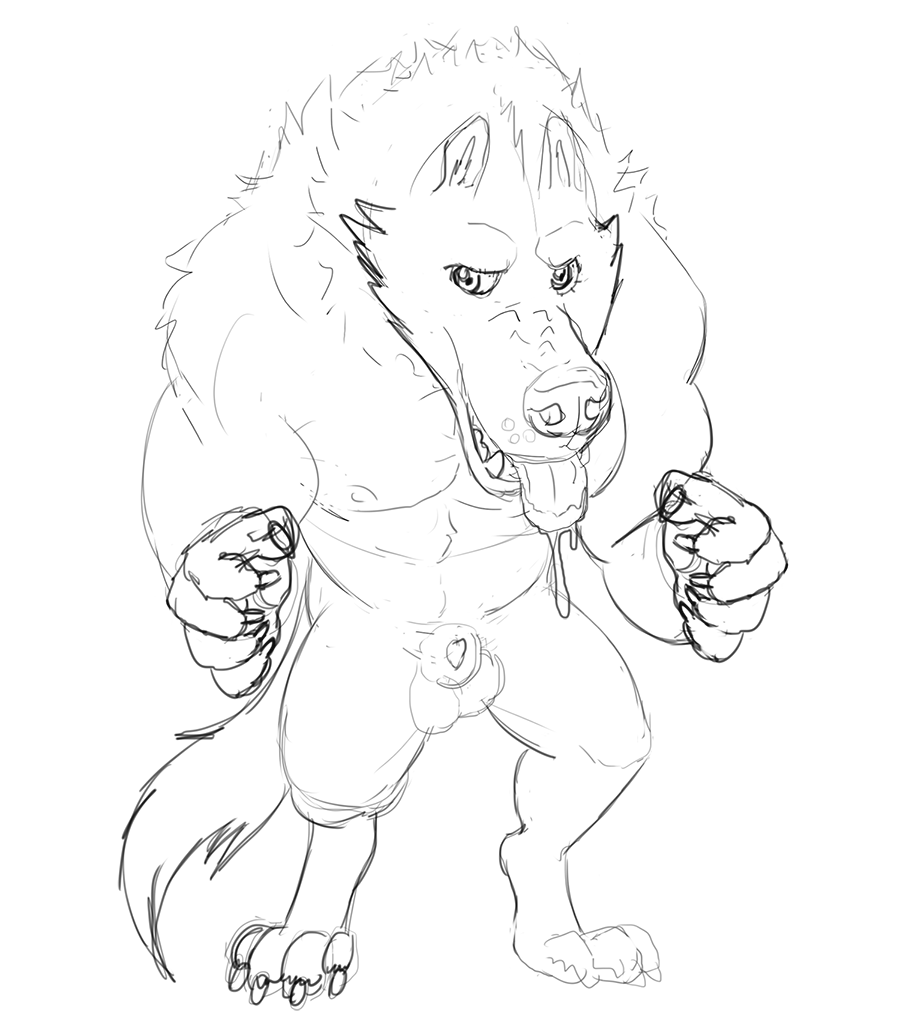 anthro anthro_only black_and_white canine claws fur furry hair male male_only mammal monochrome muscular nipples no_humans open_mouth original original_character reindeeroo sketch smile solo teeth tongue tongue_out were werewolf