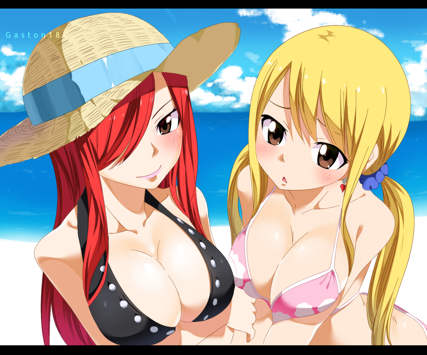 :<, 2girls, beach, bikini, bikini bottom, blonde hair, blonde-haired female, blush, breast hold, breasts, brown eyes, cleavage, cloud, collarbone, erza scarlet, fairy tail, female, gaston18, hair, hair over one eye, hat, headgear, highres, large breasts, lips, long hair, lucy heartfilia, mashima hiro, multiple females, multiple girls, ocean, red hair, red-haired female, straw hat, swimsuit, tied hair, twintails