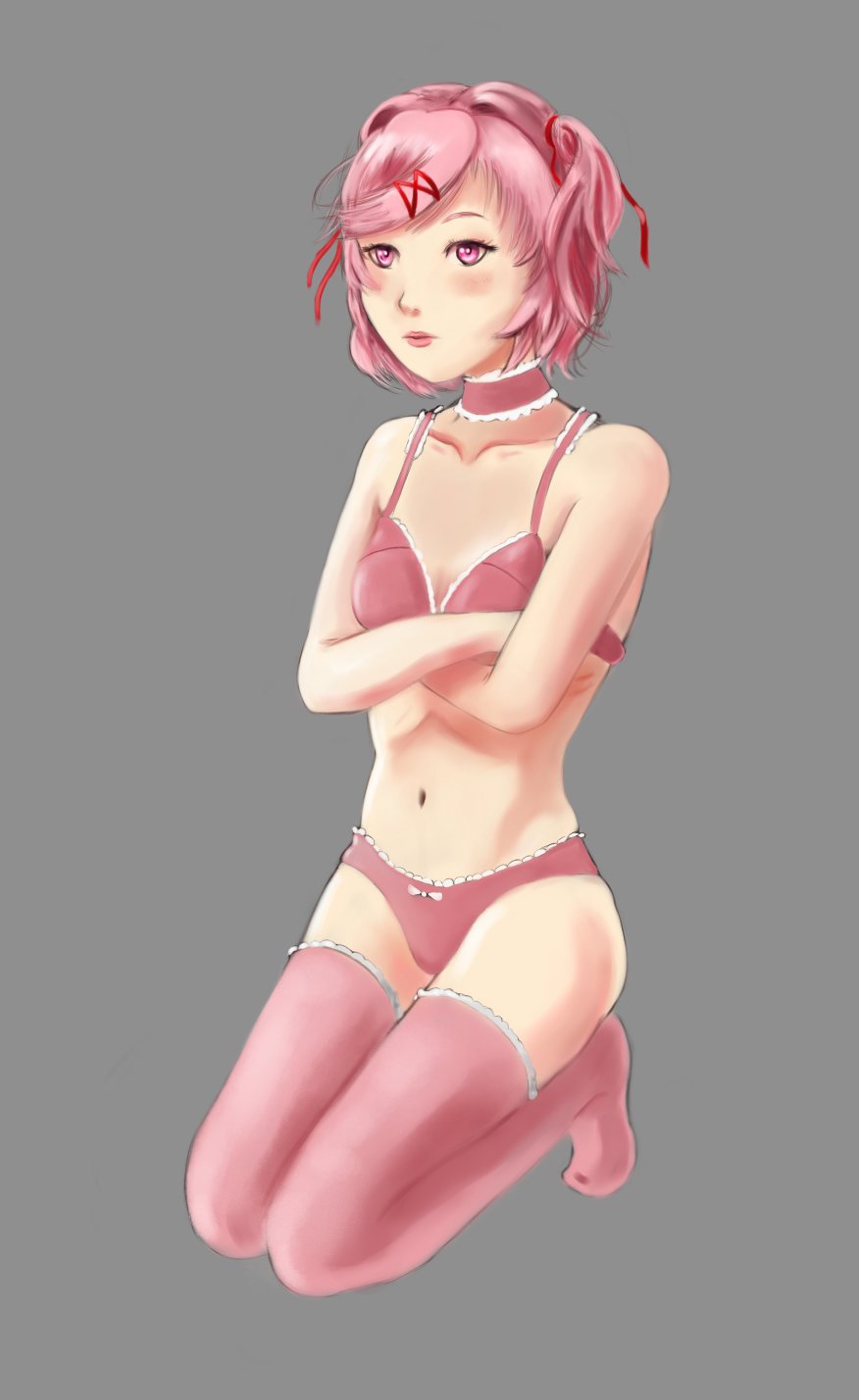 1female 1girls bare_shoulders bow bow_panties bra breasts collarbone colorcoded doki_doki_literature_club female matching_underwear natsuki_(doki_doki_literature_club) panties pink_bra pink_eyes pink_hair pink_panties pink_underwear