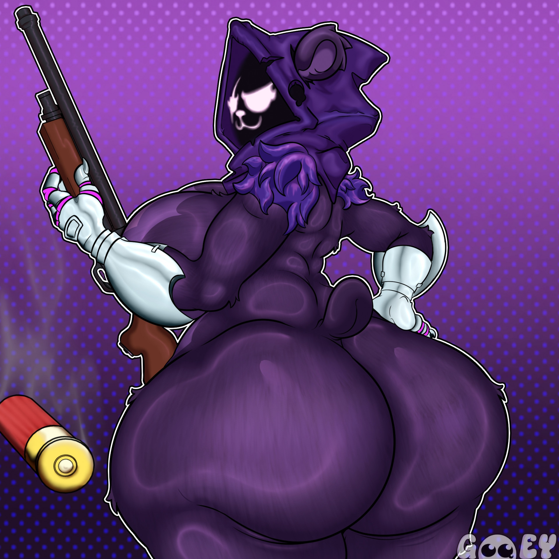 2d, ass, ass focus, big ass, big breasts, big butt, breasts, fat ass, fat butt, female, female only, firearm, fortnite, fortnite: battle royale, gooeyfa, gun, hand on ass, hand on hip, looking at viewer, looking back at viewer, no genitals, no sex, purple body, raven team leader, short tail, smiling, solo, solo female, standing, tail, thick thighs, thicks, wide hips