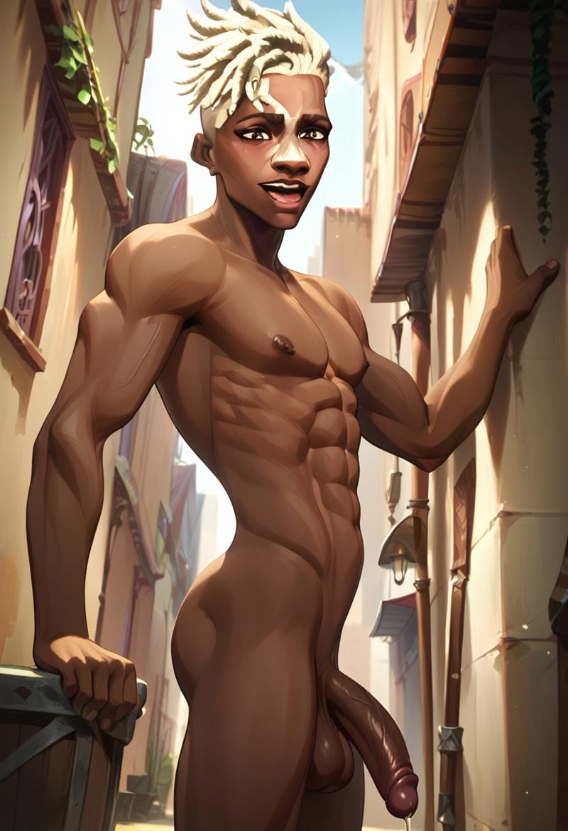 abs ai_generated ass balls biceps big_balls big_penis blonde_hair blush brown_eyes dark-skinned_male dark_skin dreadlocks ekko gay league_of_legends looking_at_viewer male male_only muscular muscular_male nipples nude_male open_mouth pecs penis precum smile toned_body toned_male twall97