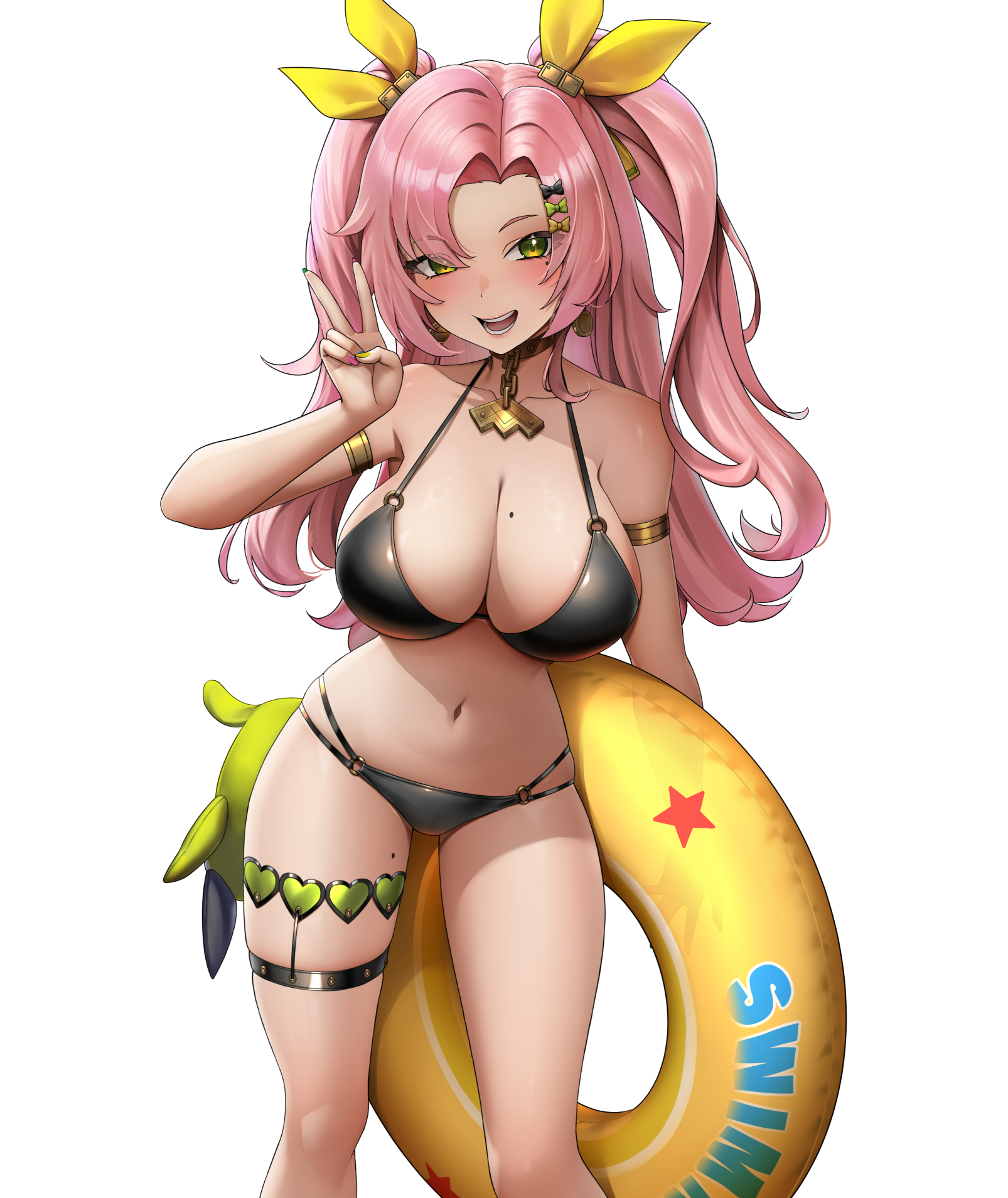 1girls, armlet, bikini, black bikini, blush, breasts, cleavage, female, female only, green eyes, green nails, hair ornament, hairclip, highres, innertube, jewelry, large breasts, long hair, looking at viewer, mole, mole on breast, mole on thigh, nail polish, navel, nicole demara, open mouth, pink hair, pink nails, ribbon, simple background, smile, solo, standing, sunkilow, swim ring, swimsuit, thigh strap, two side up, white background, yellow nails, zenless zone zero