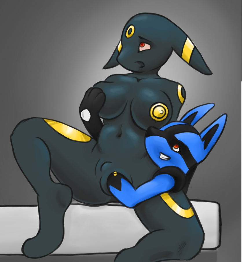 anthro black_fur breasts canine eeveelution female fisting fur lucario mammal nintendo nipples nude nukenugget open_mouth penetration pokemon pokemon_(species) pussy red_eyes spikes umbreon vaginal_penetration video_games