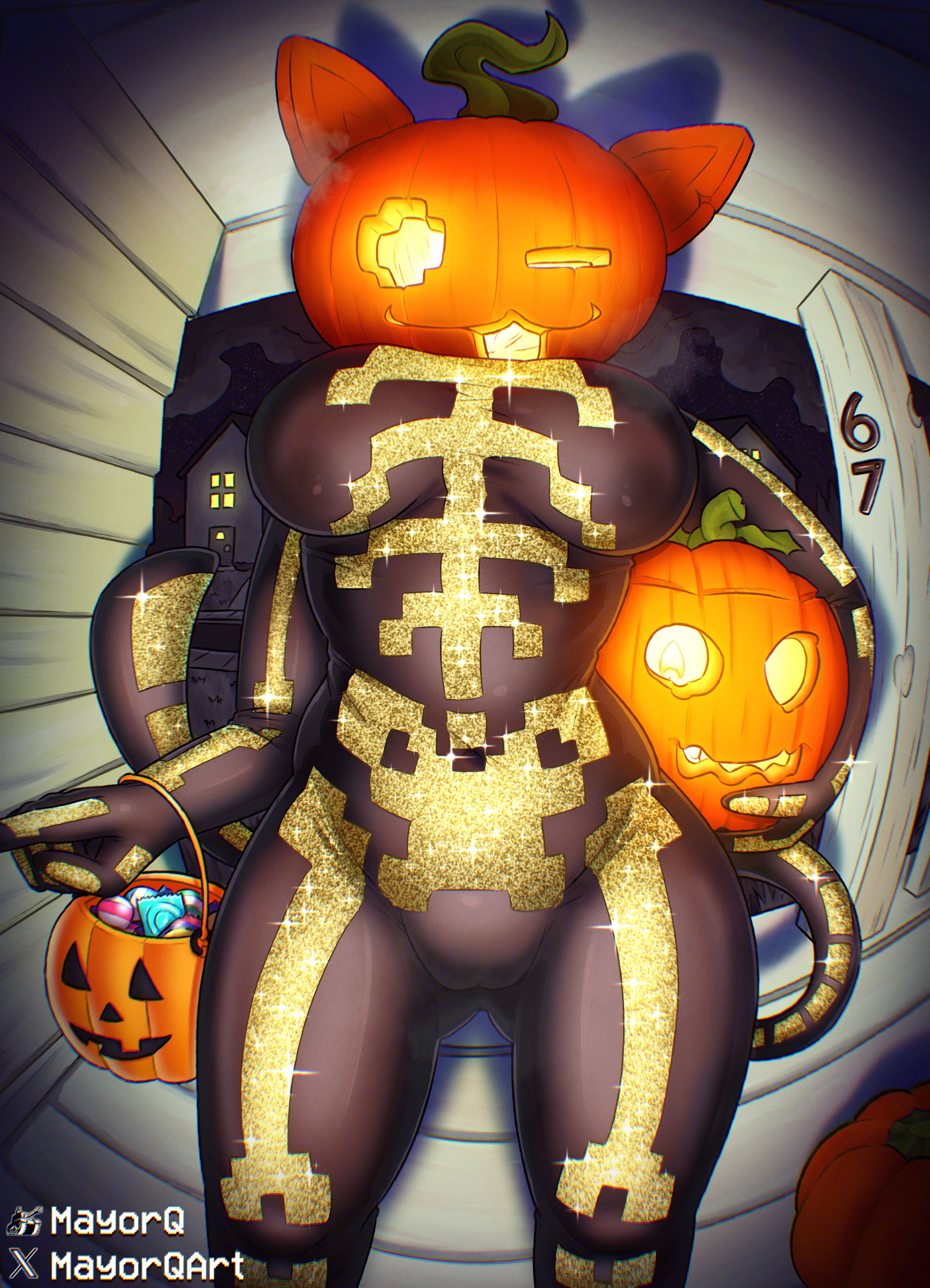 1girls, 2025, 2d, breasts, doorbell camera, epic games, feline, female, female only, fortnite, fortnite: battle royale, halloween, jack-o'-lantern, mayorq, porch, pumpkin head, solo, spice (fortnite), tagme