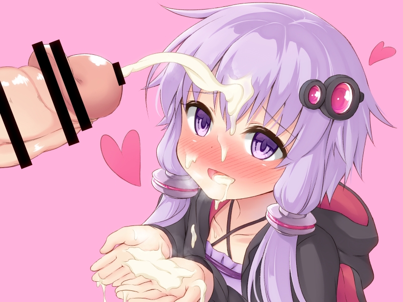 blush censored cevio collarbone facial female hair_ornament heart hood hoodie long_sleeves low_twintails musouzuki open_mouth penis purple_eyes purple_hair smile tied_hair twintails upper_body vocaloid voiceroid white_day yuzuki_yukari