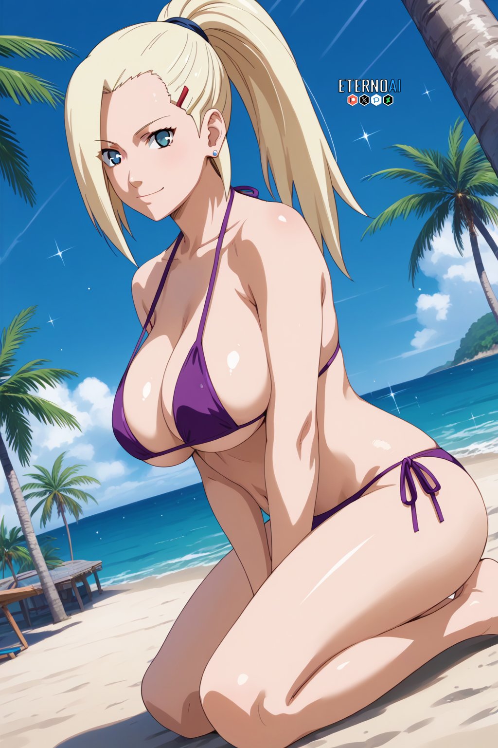 1girls ai_generated aqua_eyes beach big_breasts bikini bikini_bottom bikini_top blue_eyes blush breasts day earrings eternoai eyebrows eyebrows_visible_through_hair eyelashes hair_over_one_eye ino_yamanaka jewelry kneeling large_breasts light_blue_eyes long_hair mature mature_female midriff milf nai_diffusion naruto naruto_(series) naruto_shippuden ocean outdoors pinup pose posing posing_for_the_viewer purple_bikini revealing_swimsuit sagging_breasts sand seaside side-tie_bikini side-tie_bikini_bottom sitting skimpy skimpy_bikini smile soaked stable_diffusion sunlight swimsuit thick_thighs thighs tied_hair very_long_hair voluptuous voluptuous_female watermark