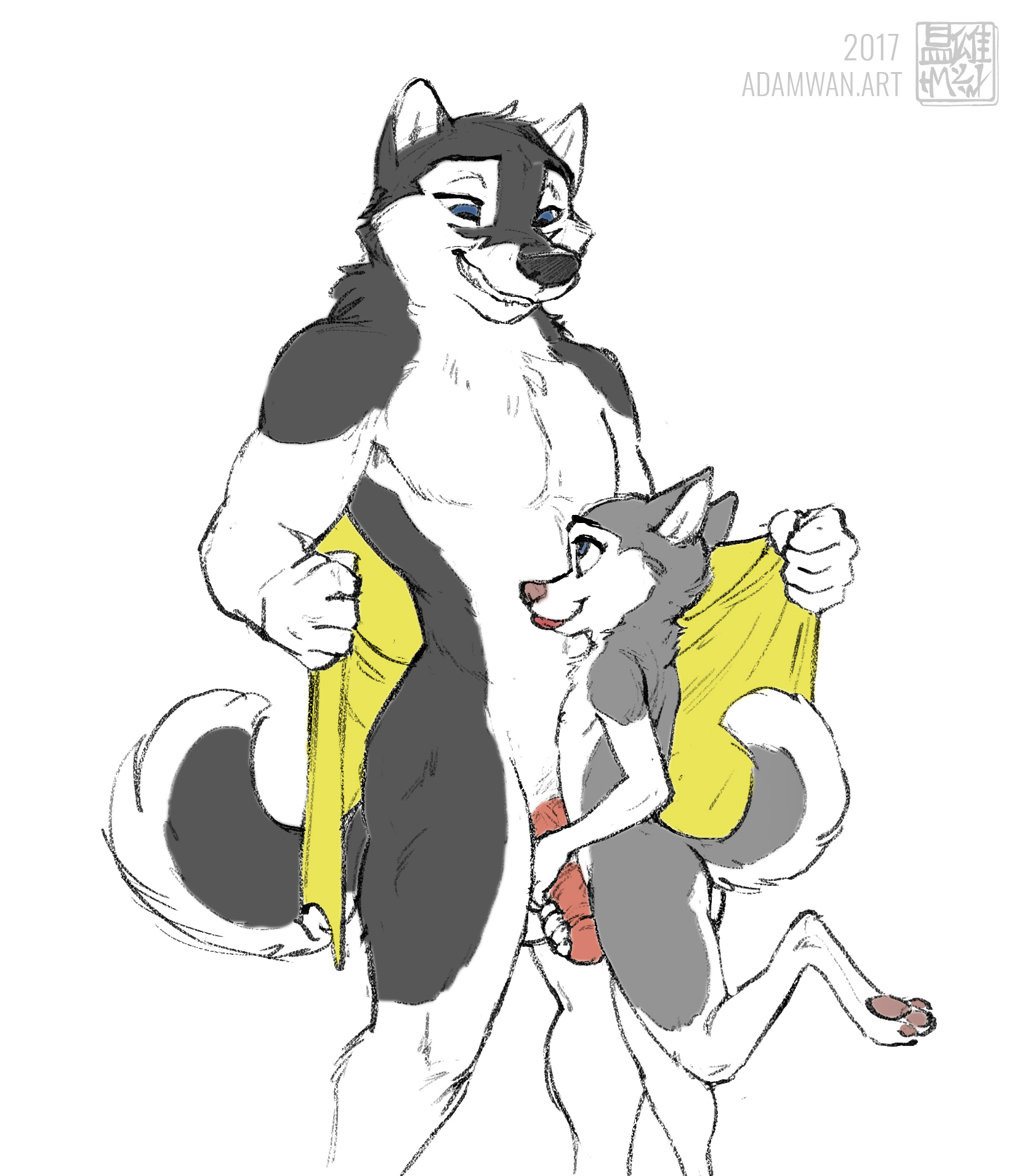 1boy, 1girls, adam wan, age difference, anthro, anthro female, anthro male, anthro on anthro, anthro only, balls, biting lip, canid, canine, canis, colored, completely naked, completely naked anthro, completely naked female, completely nude, completely nude anthro, completely nude female, cub, dog, dog boy, dog girl, domestic dog, eyebrows, eyelashes, fan edit, female, female cub, fur, furry, furry female, furry male, furry only, grabbing, grabbing penis, husky, larger male, male, male/female, naked, naked anthro, naked female, nude, nude anthro, nude female, older male, older male and younger female, paws, penis, penis grab, size difference, smaller female, third-party edit, tongue, towel, towel around waist, towel only, young, young anthro, young female, younger female, zaush