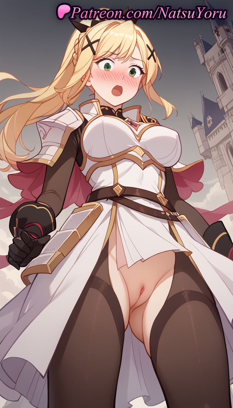 1girls ai_generated anime anime_style armor ass_visible_through_thighs bangs belt black_gloves black_pantyhose blonde_hair blush bodystocking braid breasts bust busty cleft_of_venus cowboy_shot crotchless darkness_(konosuba) dress embarrassed female female_focus female_only from_below gloves green_eyes hair_ornament hentai kono_subarashii_sekai_ni_shukufuku_wo! labia large_breasts long_hair looking_at_viewer looking_down medium_breasts natsuyoru no_panties non-asian nose_blush open_mouth outdoors pantyhose ponytail pussy shoulder_armor sidelocks solo solo_female surprised thighhighs torn_clothes uncensored vagina voluptuous voluptuous_female white_dress x_hair_ornament