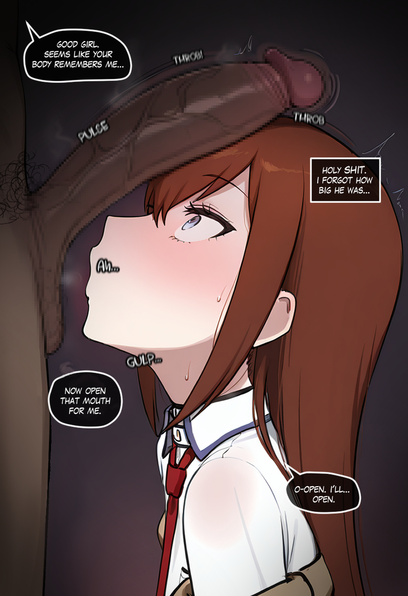 1boy, 1girls, ai, ai art, ai assisted, ai generated, ai-created, arms, balls, before oral, before sex, big penis, black background, black body, blush, blushing female, brown body, brown penis, brown skin, caption, caption box, captioned, censored, cheating, cheating female, cheating girlfriend, clothed, clothed sex, clothing, coiefen, completely naked, completely naked male, completely nude, completely nude male, dark background, dark body, dark hair, dark penis, dark skin, dark-skinned male, dialogue, dialogue box, dialogue bubble, dress, dress shirt, ear, eyebrows, eyebrows visible through hair, eyes, eyes open, faceless character, faceless male, female, female focus, forced, forced oral, forced sex, gray eyes, grey eyes, hair, hair between eyes, imminent anal, imminent fellatio, imminent oral, imminent penetration, imminent rape, imminent sex, imminent vaginal, interracial, interracial sex, jacket, jacket off shoulders, jacket open, jacket partially removed, legs, long hair, looking at penis, makise kurisu, male, male/female, mouth, naked, naked male, netorare, nose, ntr, nude, nude male, open eyes, open mouth, out of frame, penis, pubic hair, raceplay, red hair, red tie, sex, shirt, shocked, shocked expression, shocked eyes, shocked face, shocked female, simple background, snowbunny, steins;gate, story, story at source, straight, talking, talking to another, talking to partner, testicles, text, thought bubble, tie, undressed, vein, veins, veiny, veiny penis