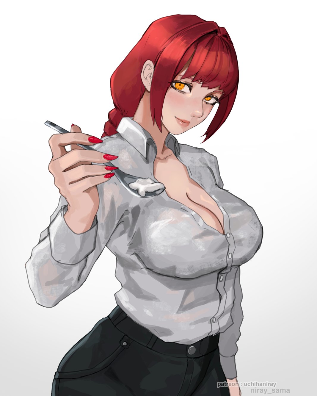 1girls, big ass, big breasts, breasts, bust, busty, chainsaw man, chest, cleavage, clothed, clothed female, curvaceous, curvy, curvy figure, demon, demon girl, devil, devil girl, digital media (artwork), female, female only, hips, hourglass figure, huge ass, huge breasts, humanoid, large ass, large breasts, legs, light skin, light-skinned female, long fingernails, long nails, looking at viewer, makima (chainsaw man), nail polish, niray sama, offering food, orange eyes, painted fingernails, painted nails, sfw, sharp fingernails, simple background, slim waist, solo, solo female, spoon feeding, thick, thick hips, thick legs, thick thighs, thighs, uchihaniray, voluptuous, waist, white background, wide hips