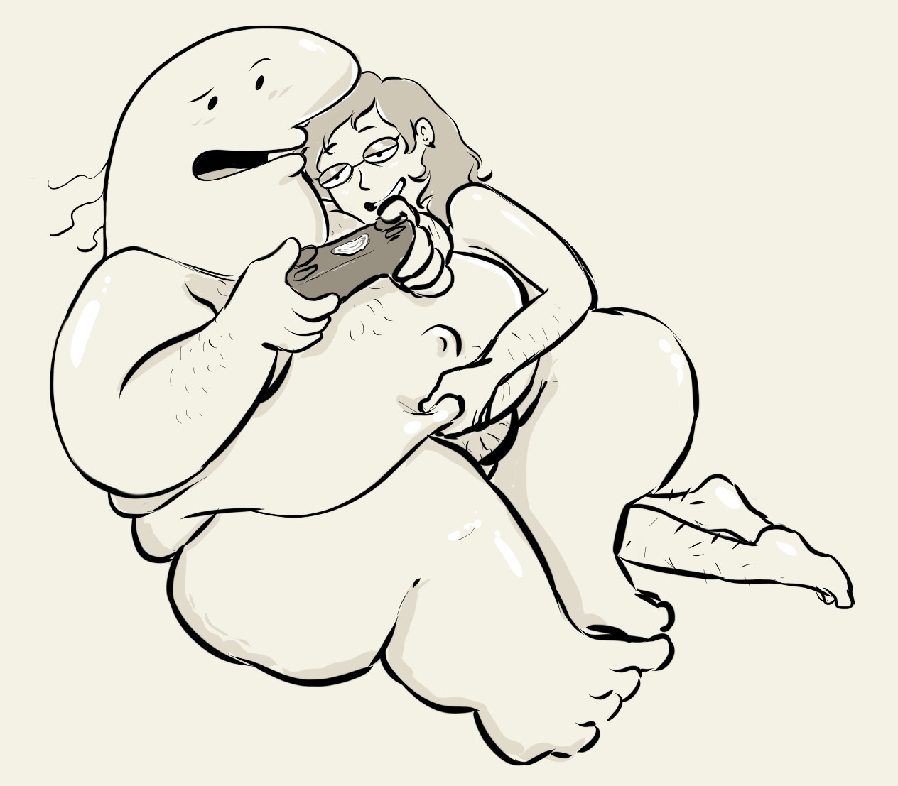 1boy, 1girls, 2d, adult swim, ambiguous species, anthro on human, arm hair, bare legs, belly, belly grab, belly overhang, big belly, big nose, bigger male, body hair, charlie (smiling friends), charlie dompler, couple, couple (romantic), critter, digital media, enamored, fat, fat male, fupa, game controller, glasses, grin, groping, hairy arms, hairy legs, half-closed eyes, human, human on anthro, humanoid, interspecies, larger male, leaning on another, leaning on person, line art, loose hair, male/female, monochrome, navel, no visible genitalia, nude, nudity, overweight, overweight male, playing videogame, raised eyebrow, raised eyebrows, round glasses, size difference, smiling friends, tasticake, wholesome, wide hips, zoey (smiling friends)