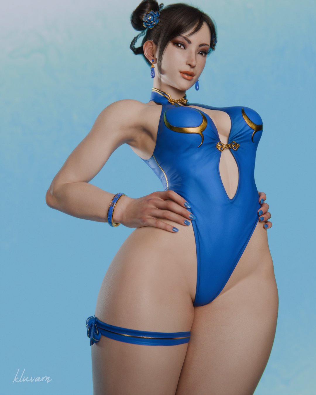 1girls, 2025, 3/4 view, 3d, armpits, black hair, blue background, blue leotard, blue nail polish, brown eyes, chun-li, chun-li (street fighter 6), cleavage, cowboy shot, deep cleavage, earrings, eyeshadow, female, female only, front view, hairless armpits, hands on hips, highleg swimsuit, kluvarn, legs together, lipstick, long hair, looking at viewer, medium breasts, nail polish, official alternate costume, one piece swimsuit, one-piece swimsuit, ox horns, painted nails, red eyeshadow, simple background, smile, solo, standing, street fighter, street fighter 6, thick thighs, thighs, tied hair, wide hips