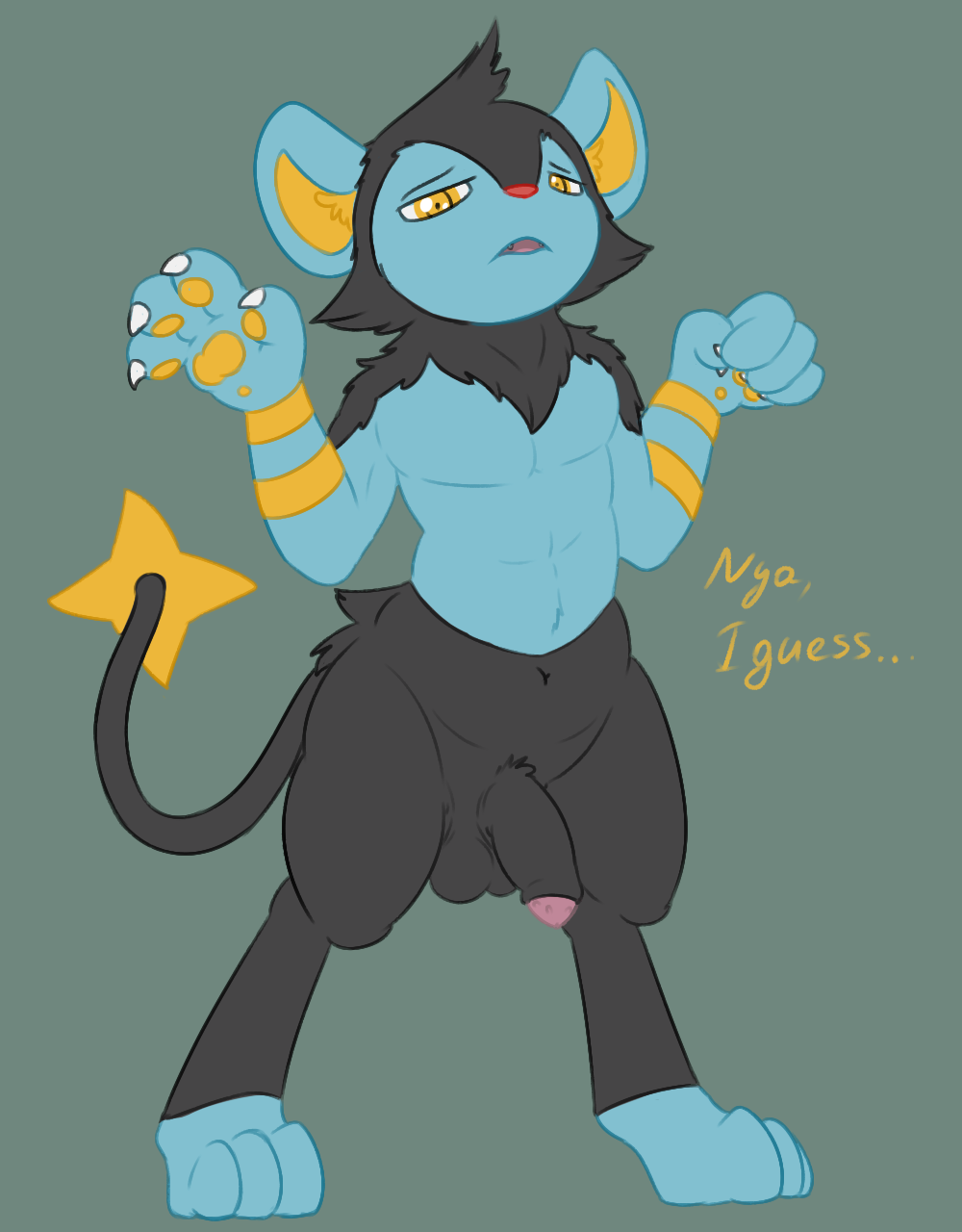 1boy animal_genitalia animal_penis anthro balls barbed_penis black_fur blue_skin claws cute_fang english_text feline foreskin fur head_tuft hi_res lion looking_at_viewer luxio lynx male male_only mammal navel nintendo nude onomatopoeia open_mouth partially_retracted_foreskin pawpads paws penis pokemon posexe presenting retracted_foreskin simple_background solo sound_effects standing text tongue tuft uncircumcised uncut video_games