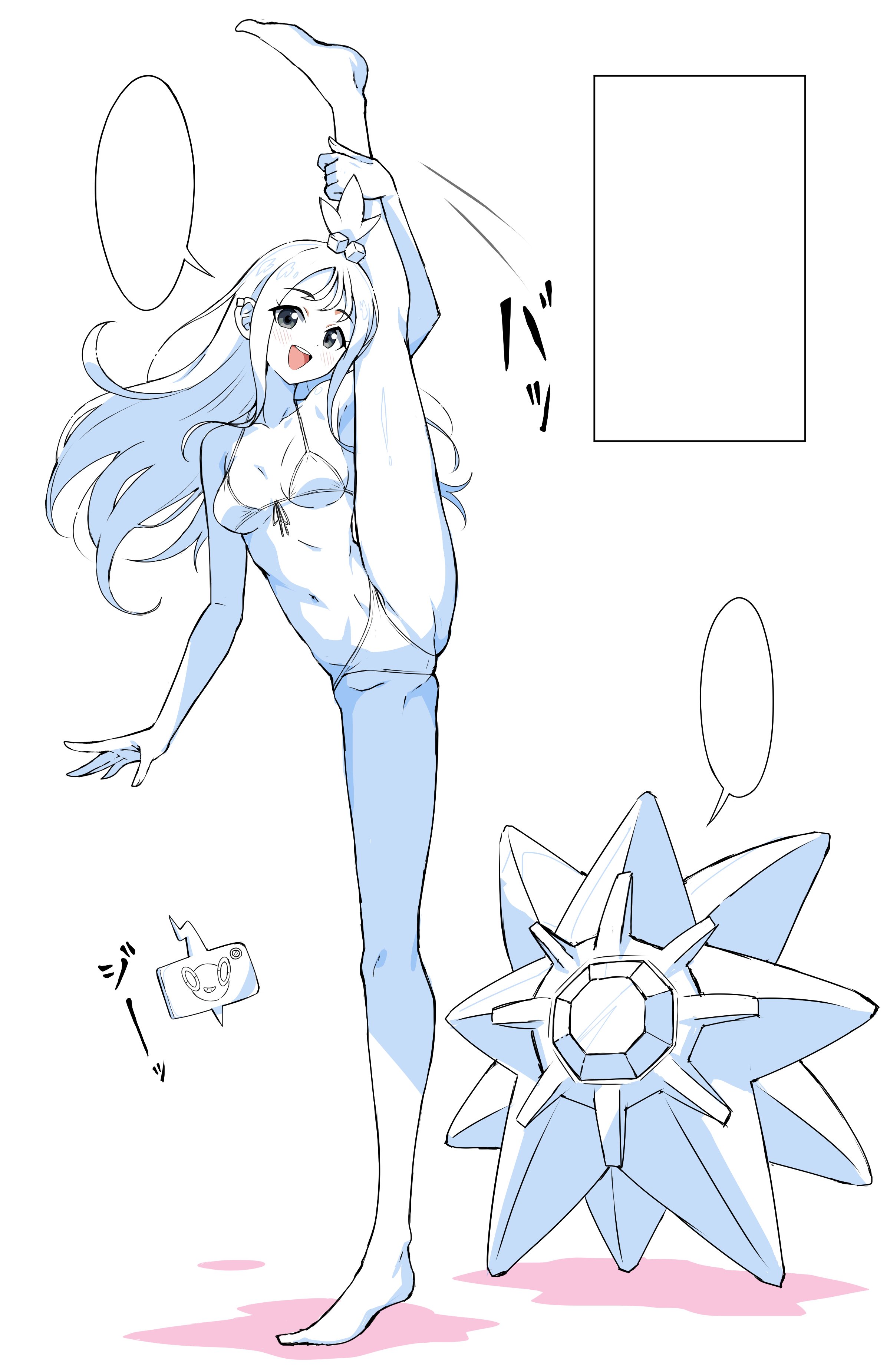 1girls, bikini, breasts, duro (pokemon), hair ornament, leg up, lida (pokemon), long hair, looking at viewer, medium breasts, one leg up, open mouth, pokémon (species), pokemon, pokemon (species), pokemon legends z-a, pokemon legends: z-a, pokemon za, rotom phone, smile, standing, standing split, starmie, topknot