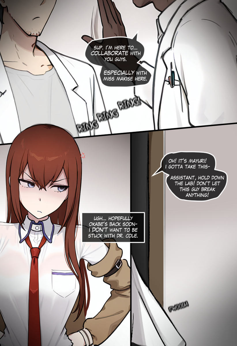 1girls, 2boys, ai, ai art, ai assisted, ai generated, ai-created, angry, angry expression, angry face, arms, background, belt, belt buckle, big breasts, black body, breasts, brown body, brown skin, buckle, caption, caption box, captioned, cheating, cheating female, cheating girlfriend, closed mouth, clothed, clothing, coiefen, dark body, dark skin, dark-skinned male, dialogue, dialogue box, dialogue bubble, door, dress, dress shirt, ear, eyebrows, eyebrows visible through hair, eyes, eyes open, faceless character, faceless male, female, gray eyes, grey eyes, hair, hand on hip, hands on hips, imminent anal, imminent fellatio, imminent oral, imminent penetration, imminent rape, imminent sex, imminent vaginal, interracial, jacket, jacket off shoulders, jacket open, jacket partially removed, light body, light skin, light-skinned, light-skinned female, light-skinned male, long hair, looking away, looking down, makise kurisu, male, male/female, medium breasts, mouth, mouth closed, multiple boys, netorare, nose, ntr, okabe rintarou, open eyes, out of frame, raceplay, red hair, red tie, science lab, scientist, shirt, simple background, snowbunny, steins;gate, story, story at source, talking, text, text bubble, thought bubble, tie, vignette, white background