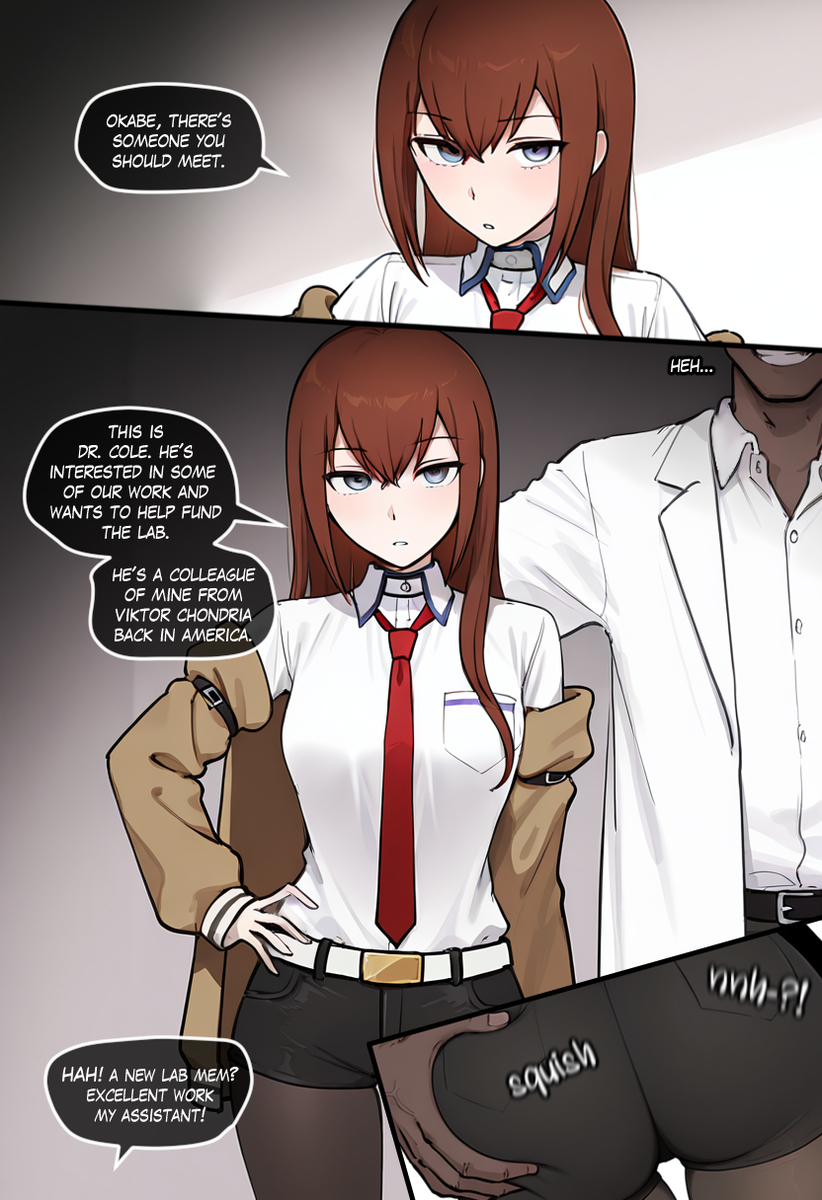 1boy, 1girl, 1girls, ai, ai art, ai assisted, ai generated, ai-created, background, before sex, belt, belt buckle, big breasts, black background, black body, blue eyes, blush, blushing at viewer, breasts, brown body, brown skin, buckle, caption, caption box, captioned, cheating, cheating female, cheating girlfriend, clothed, clothing, coiefen, dark body, dark skin, dark-skinned male, dialogue, dialogue box, dialogue bubble, dress, dress shirt, ear, eyebrows, eyebrows visible through hair, eyes, eyes open, faceless character, faceless male, female, gray eyes, grey eyes, hair, hair between eyes, hand on ass, hand on butt, hand on hip, imminent anal, imminent fellatio, imminent oral, imminent penetration, imminent rape, imminent sex, imminent vaginal, interracial, interracial sex, jacket, jacket off shoulders, jacket open, jacket partially removed, leather, leather clothing, leather shorts, light body, light skin, light-skinned, light-skinned female, long hair, looking at viewer, makise kurisu, male, male/female, medium breasts, mentioned character, mouth, netorare, nose, ntr, okabe rintarou, open eyes, open mouth, out of frame, raceplay, red hair, red tie, science lab, scientist, sex, shirt, shorts, simple background, smile, smiling, smiling at viewer, snowbunny, steins;gate, stockings, story, story at source, talking, teeth, teeth visible, text, text bubble, tie, white background