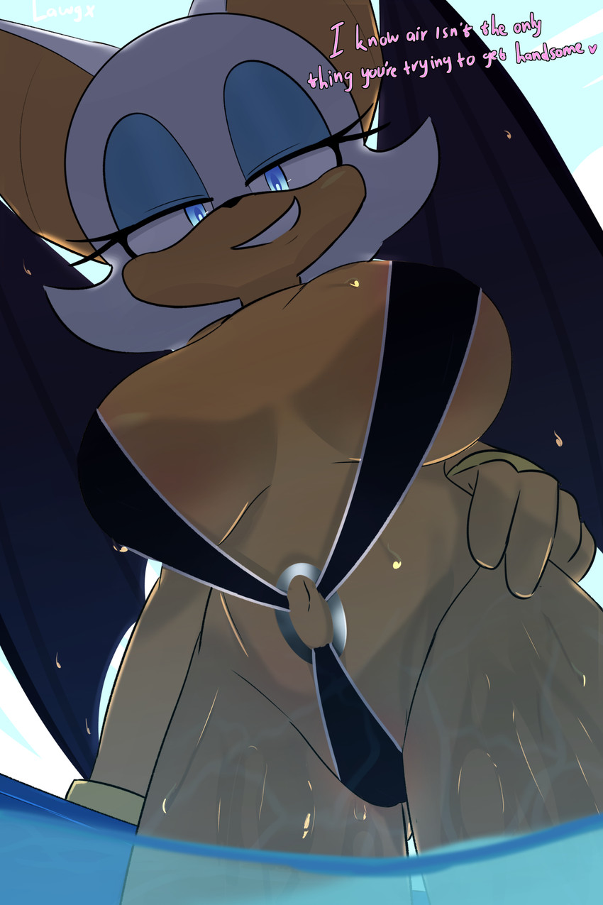 absurd res, anthro, bat, big breasts, breasts, camel toe, clothed, clothing, digital media (artwork), female, flirting, flirting with viewer, hi res, lawgx, mammal, one-piece swimsuit, presenting, rouge the bat, sega, skimpy, sling bikini, solo, sonic (series), sonic the hedgehog (series), swimwear, under boob, wet, wings