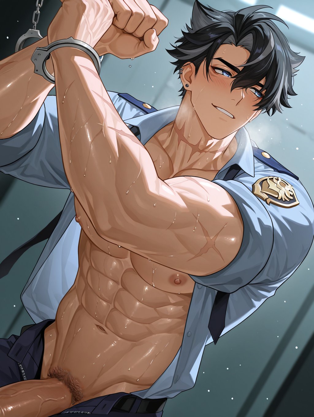 ai generated, bara, boyswithearsai, gay, genshin impact, male, male focus, male only, muscular, muscular male, wriothesley (genshin impact), yaoi