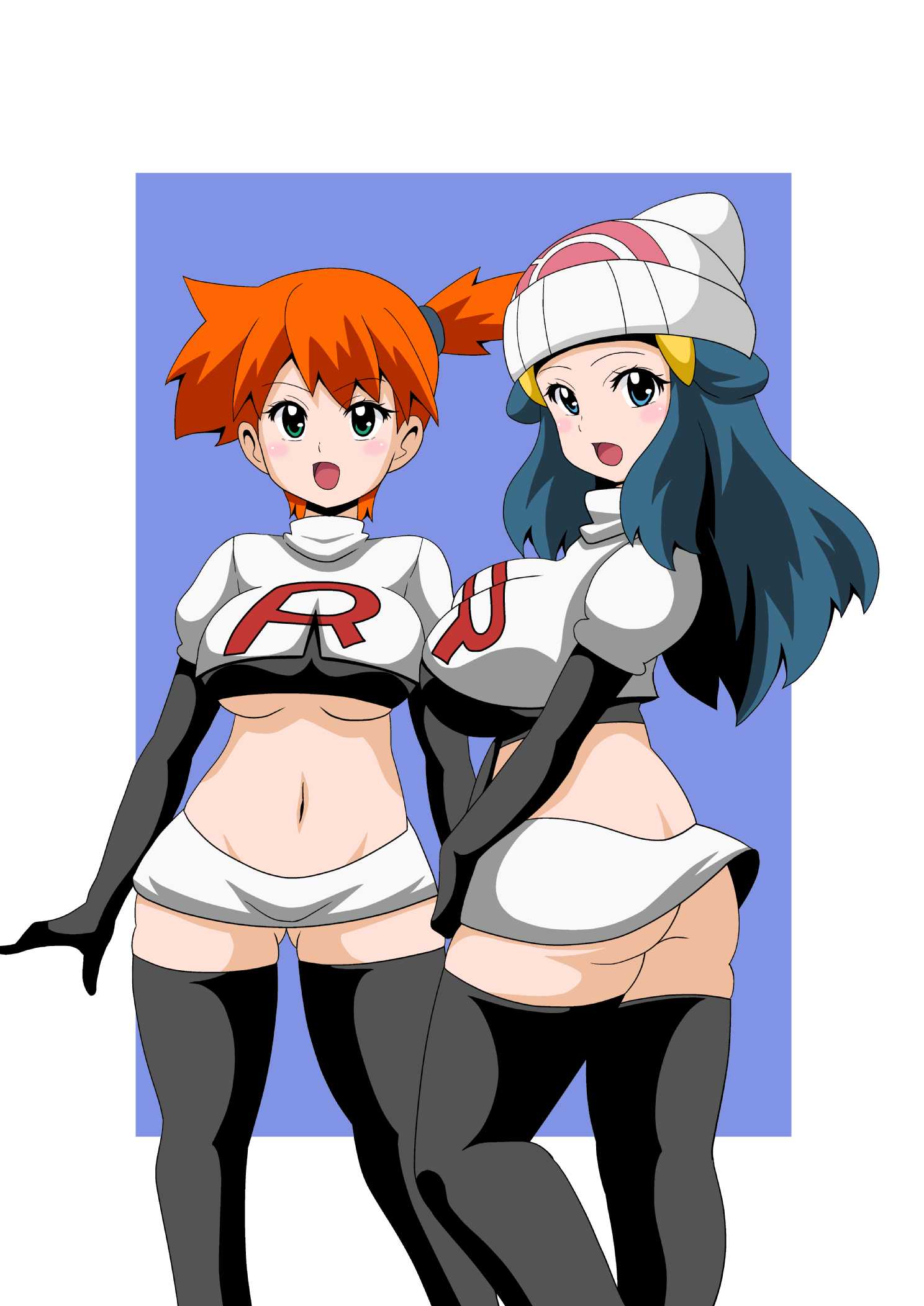 2girls ass blue_eyes blue_hair blush boots breasts butt_crack cleavage clothes dawn_(pokemon) enemy_conversion female female_only green_eyes hair hat headgear high_heel_boots human human_only kasumi_(pokemon) koutarosu large_breasts long_hair looking_at_viewer looking_back multiple_females multiple_girls navel open_mouth orange_hair pokemon short_hair simple_background smile standing team_rocket thigh_boots underboob