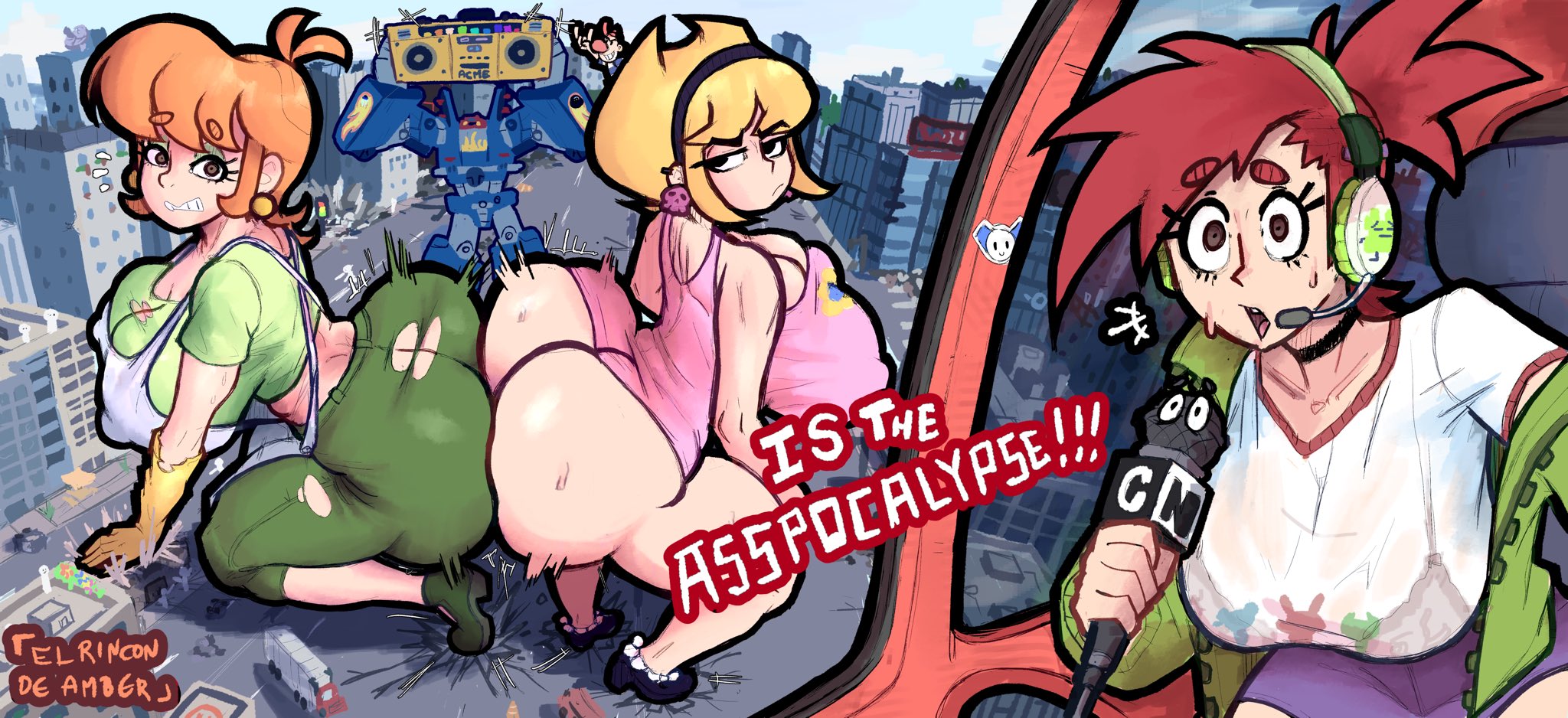1boy, 1robot, 3girls, aged up, ass, big ass, big breasts, big butt, billy (billy and mandy), breasts, cameo, cartoon network, crossover, dancing, dexter's laboratory, dexter's mom, el rincon de amber, elrincondeamber, female, female focus, foster's home for imaginary friends, frankie foster, giant female, giant robot, giant woman, giantess, gold boombox (prevence), large ass, large boobs, large breasts, large butt, male, mandy (billy and mandy), mecha, megas xlr, older female, older male and younger female, robot boy, the grim adventures of billy and mandy, younger female, younger female older female