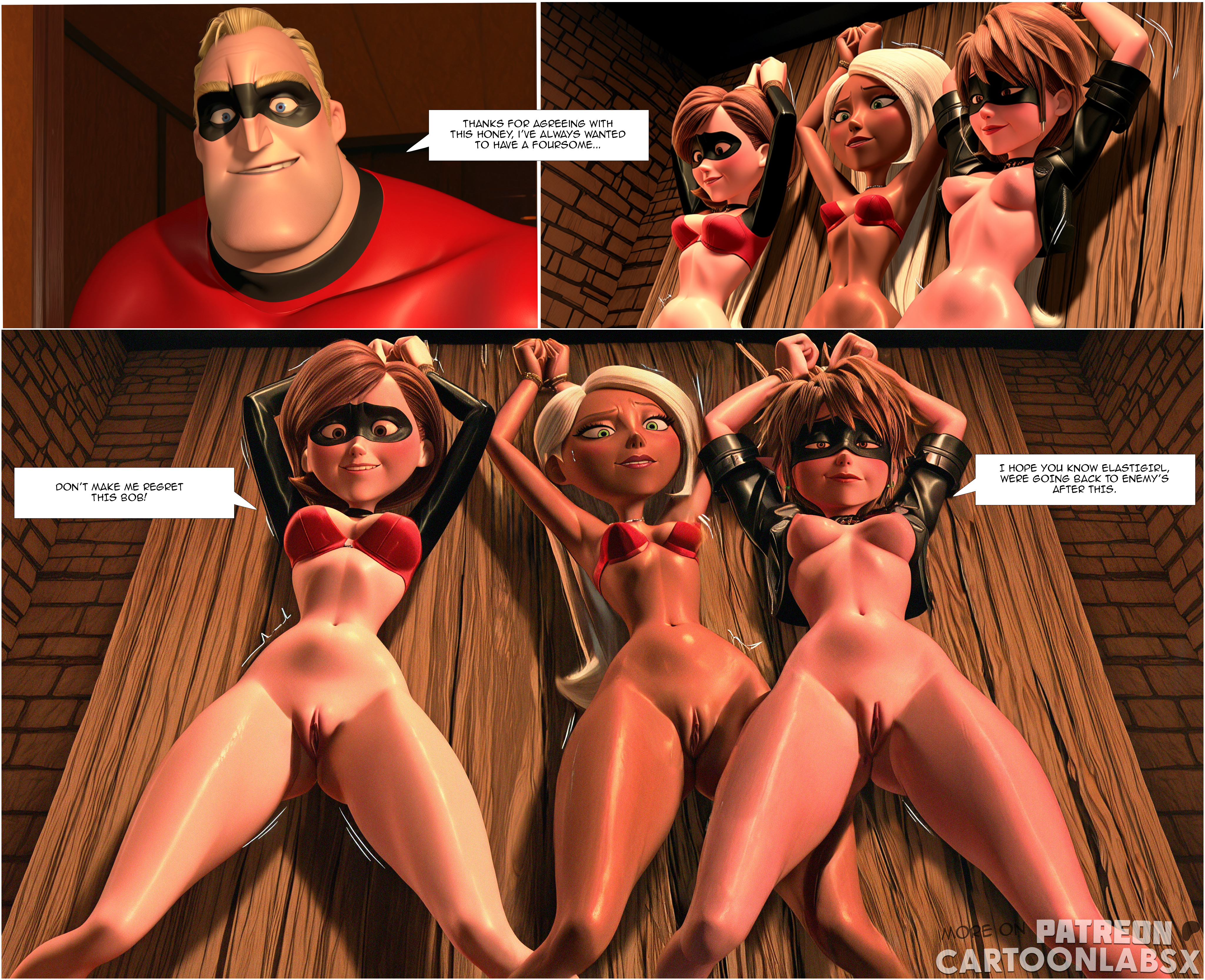 ai generated, bondage, captured, captured heroine, cartoony, defeat, defeated, defeated heroine, disney, disney channel, domination, elastigirl, evelyn deavor, exposed, exposed breasts, exposed pussy, film grain, gloves, gloves only, helen parr, helpless, helpless female, helpless girl, helpless superheroine, humiliated, humiliating, humiliation, humiliation fetish, imminent sex, mask, masked, masked male, mirage (the incredibles), pixar, pixar mom, pixar style, restrained, restrained arms, restraints, superhero, superhero costume, superheroine, text, the incredibles, the incredibles 2, tied, tied arms, tied hands, tied up