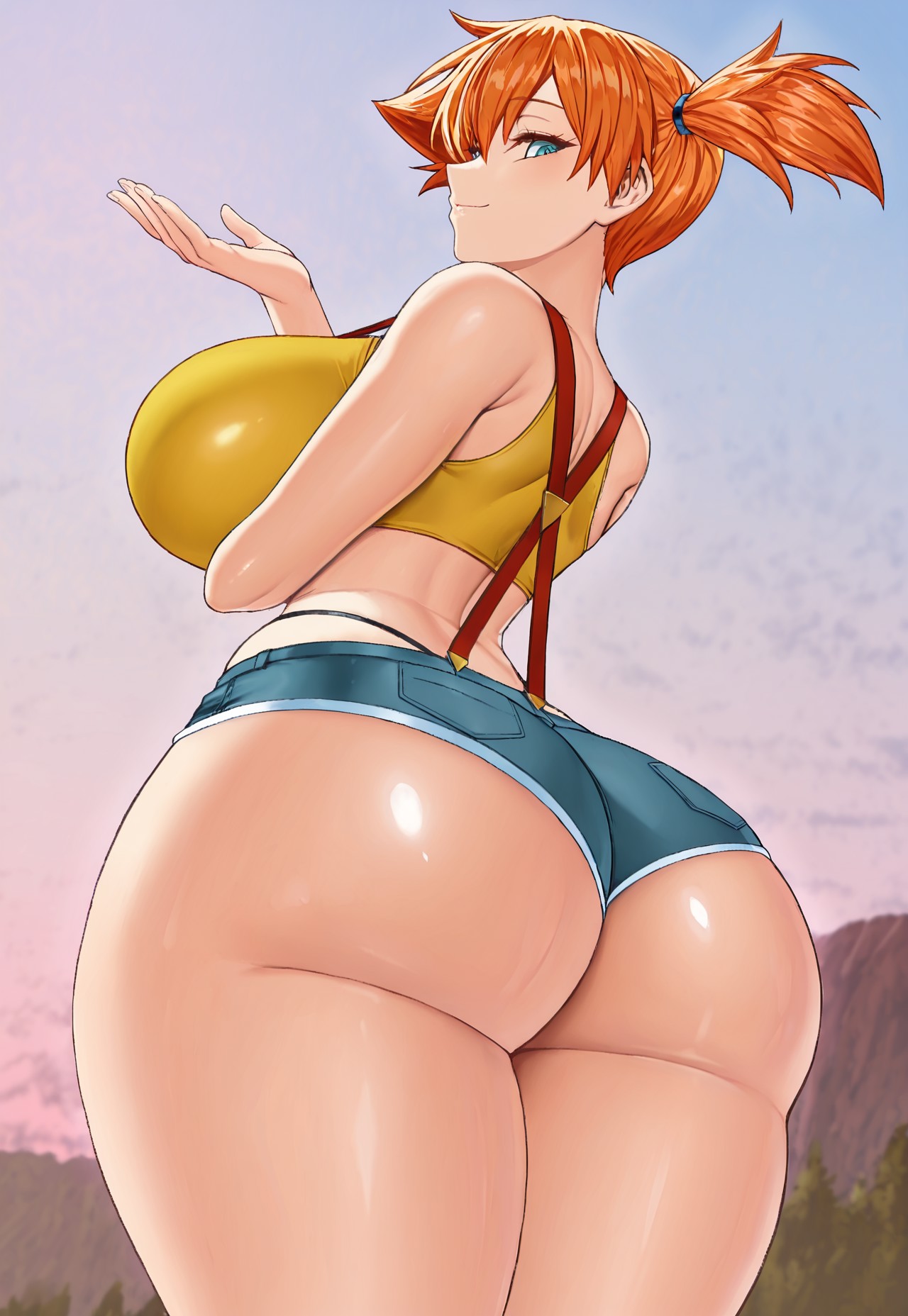 ai generated, alternate breast size, aqua eyes, ass, ass focus, bare arms, bare shoulders, blue eyes, blue shorts, breasts, closed mouth, clothing, cowboy shot, crop top, curvy, denim, denim shorts, female, female only, from behind, gradient sky, highleg, huge ass, huge breasts, kasumi (pokemon), large ass, large breasts, looking at viewer, looking back, micro shorts, orange hair, outdoors, panties, pokemon, pokemon (anime), pokemon (classic anime), pokemon rgby, ponytail, purple sky, shiny skin, short hair, short shorts, shorts, side ponytail, sky, smile, solo, standing, suspender shorts, suspenders, tank top, thick ass, thick thighs, thighs, thong, underbutt, underwear, wide hips, yellow tank top
