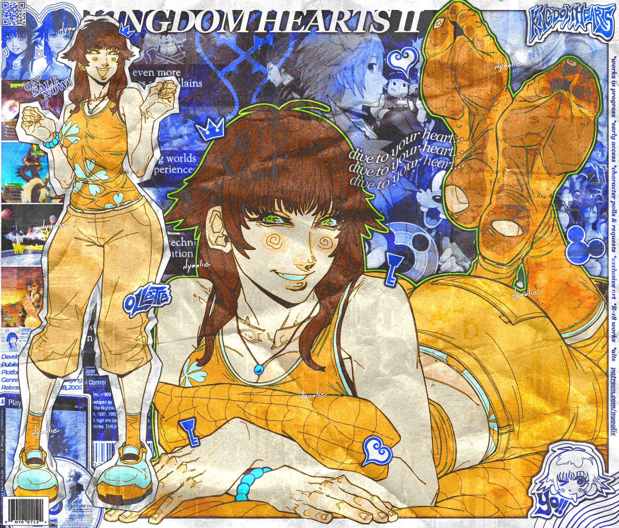 1girls, artist name, ass, barcode, big ass, big feet, bottom heavy, bracelet, brown hair, character name, detailed feet, dirty socks, english, english text, fake advertisement, feet, feet up, female, female only, foot fetish, foot focus, game screenshot, green eyes, hips, kingdom hearts ii, large ass, necklace, nyoolie, olette, patreon url, patreon username, qr code, ripped socks, socks, solo, solo female, text, torn socks, wide hips