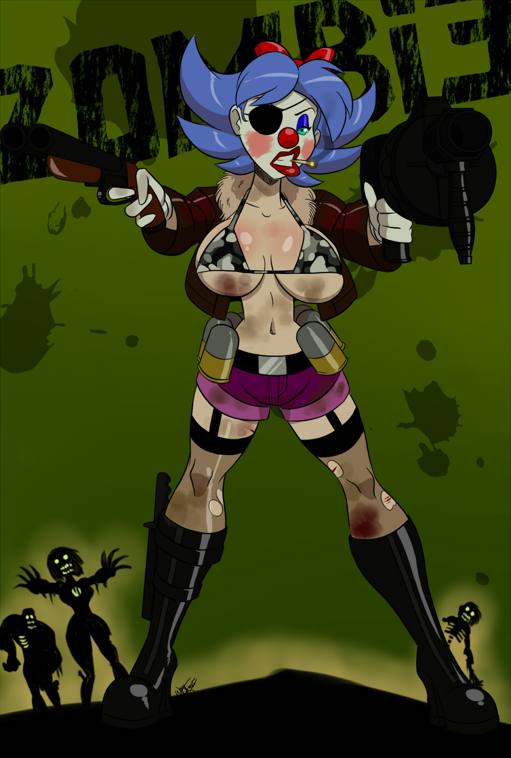 1girls aeolus06 alternate_costume belt bikini_bra bikini_top bimbo blue_hair boots breasts camouflage cigarette clenched_teeth clothed clown dirty english_text eye_patch eyelashes eyeshadow facepaint female female_only garter_straps giggles_the_slutty_clown gloves gun hairbow hourglass_figure human knife large_breasts lipstick looking_at_viewer makeup original_character red_lipstick short_shorts shorts signature smoking standing teal_eyes text torn_pantyhose weapon zombie