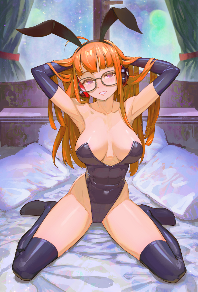 ahoge, alternate breast size (larger), animal ear hairband, animal ears, areola slip, arms up, black leotard, black thighhighs, breasts, breasts apart, fake animal ears, female, full body, glasses, grin, hairband, headphones, highleg, highleg leotard, large breasts, leotard, long hair, on bed, orange hair, persona, persona 5, pillow, playboy bunny, rabbit ear hairband, rabbit ears, sakura futaba, sega, sitting, smile, solo, thighhighs, very long hair, wariza, window, yugen99