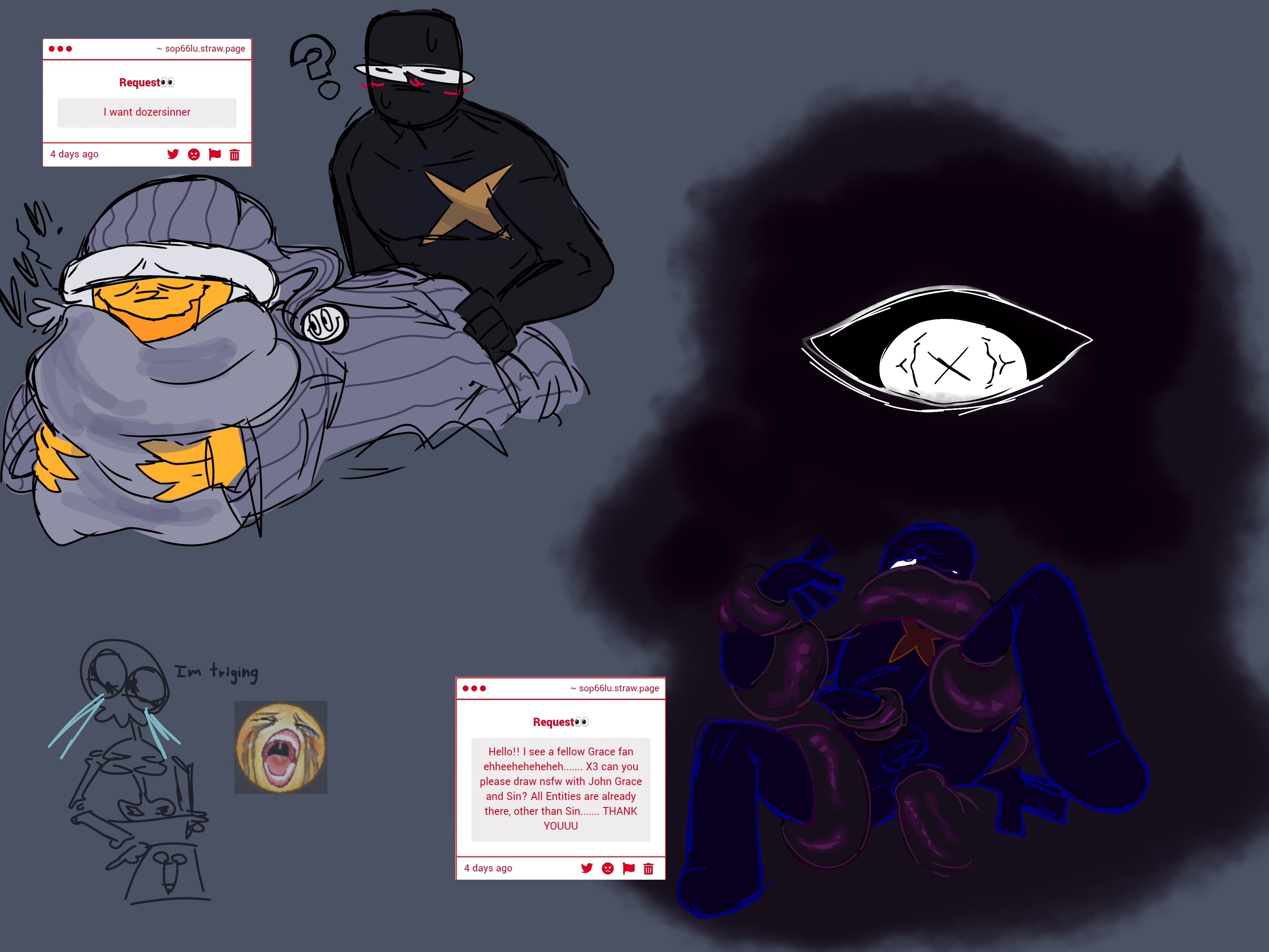 black body, dozer (grace), god (grace), grace (roblox), john (grace), meme in the background, pijama, pillow grab, request, requested, requested art, roblox, roblox game, self upload, simple background, simple drawing, sin (grace), sinner (grace), sop.66, strawpage request, tagme, tagme (artist), tentacle, tentacle sex, tentacles around legs, yellow body