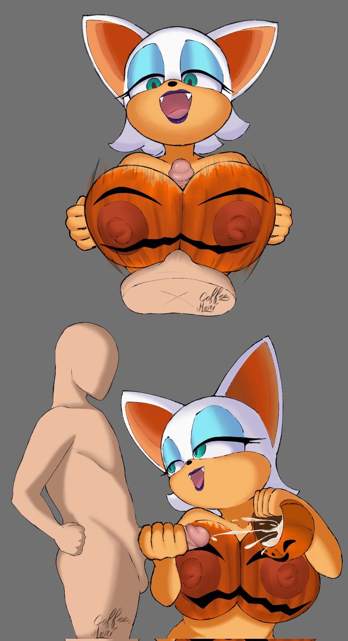2d (artwork), anthro, big breasts, breasts, cum, faceless male, female, handjob, huge breasts, human on anthro, interspecies, male, mericoffee, nipples, nude, open mouth, paizuri, rouge the bat, sega, sex, sonic (series), sonic the hedgehog (series)