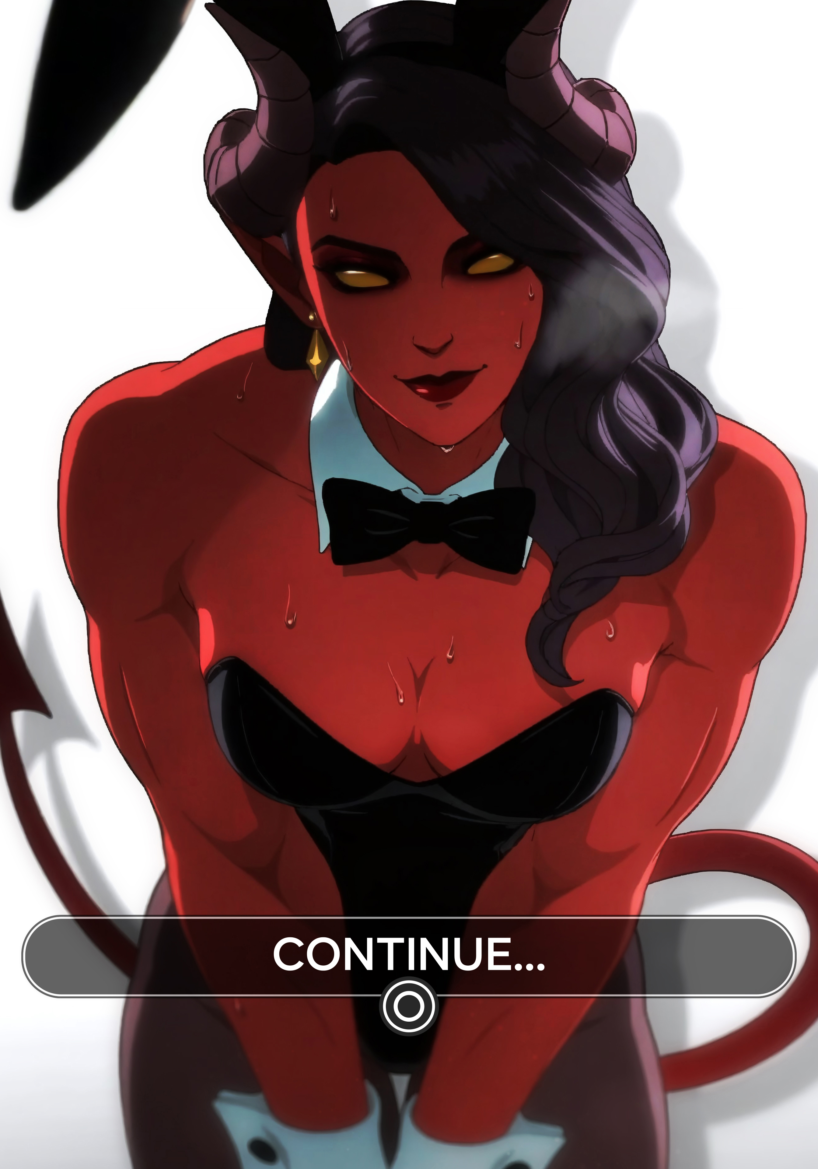 1girls, ai, ai assisted, ai generated, bunnysuit, demon, demon girl, demon horns, demon tail, dispatch (game), female, female focus, female only, horns, looking at viewer, malevola gibb, penguaiart, red body, red skin, solo, solo female, solo focus, yellow eyes