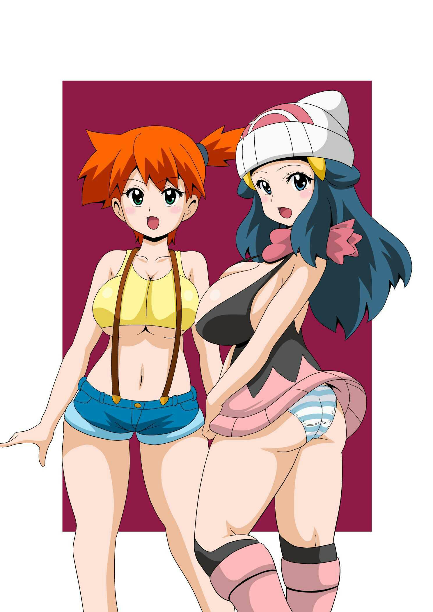 artist request, ass, boots, breasts, cleavage, dawn (pokemon), female, female only, gym leader, human, human only, kasumi (pokemon), large breasts, multiple females, panties, pokemon, simple background, tagme, underboob, underwear, upskirt