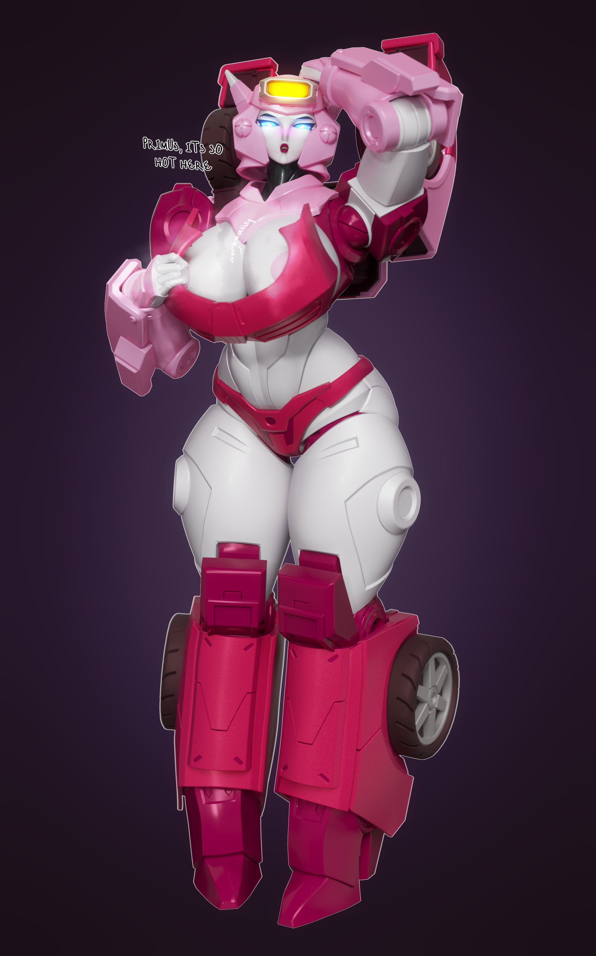 1girls, 3d, big breasts, dialogue, elita one, elita-one, robot, robot girl, robot humanoid, solo, transformers, transformers g1, transformers legacy, trawert