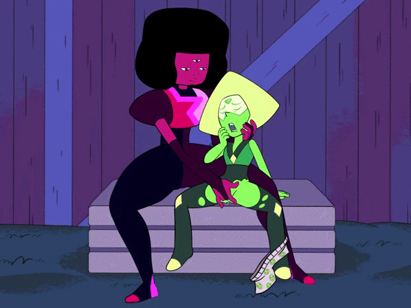 2girls accurate_art_style alien alien_girl area_(artist) black_hair cartoon_network closed_eyes fingering garnet_(steven_universe) gem_(species) gem_fusion green_skin larger_female log_date_7_15_2_(steven_universe) masturbation open_mouth peridot_(steven_universe) ripped_clothing sitting size_difference smaller_female smiling spreading steven_universe underwear visor yellow_hair yuri