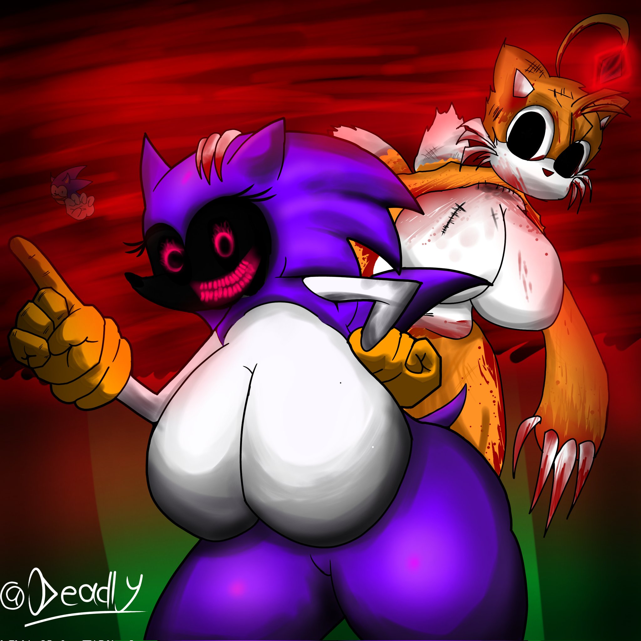 2d, 2d (artwork), 2girls, 5 fingers, artist name, big breasts, breasts, breasts bigger than head, creepypasta, doll, female, female only, fingers, hand on hip, long nose, looking at viewer, needlemouse (character), needlemouse (series), sarah henderson (needlemouse), smile, smile at viewer, smiley face, sonic (series), sonic the hedgehog, sonic the hedgehog (series), sonic.exe, sonic.exe (series), tails doll, tailsko doll, tapiathiag52803, thick thighs, thighs, thighs bigger than head, thin arms