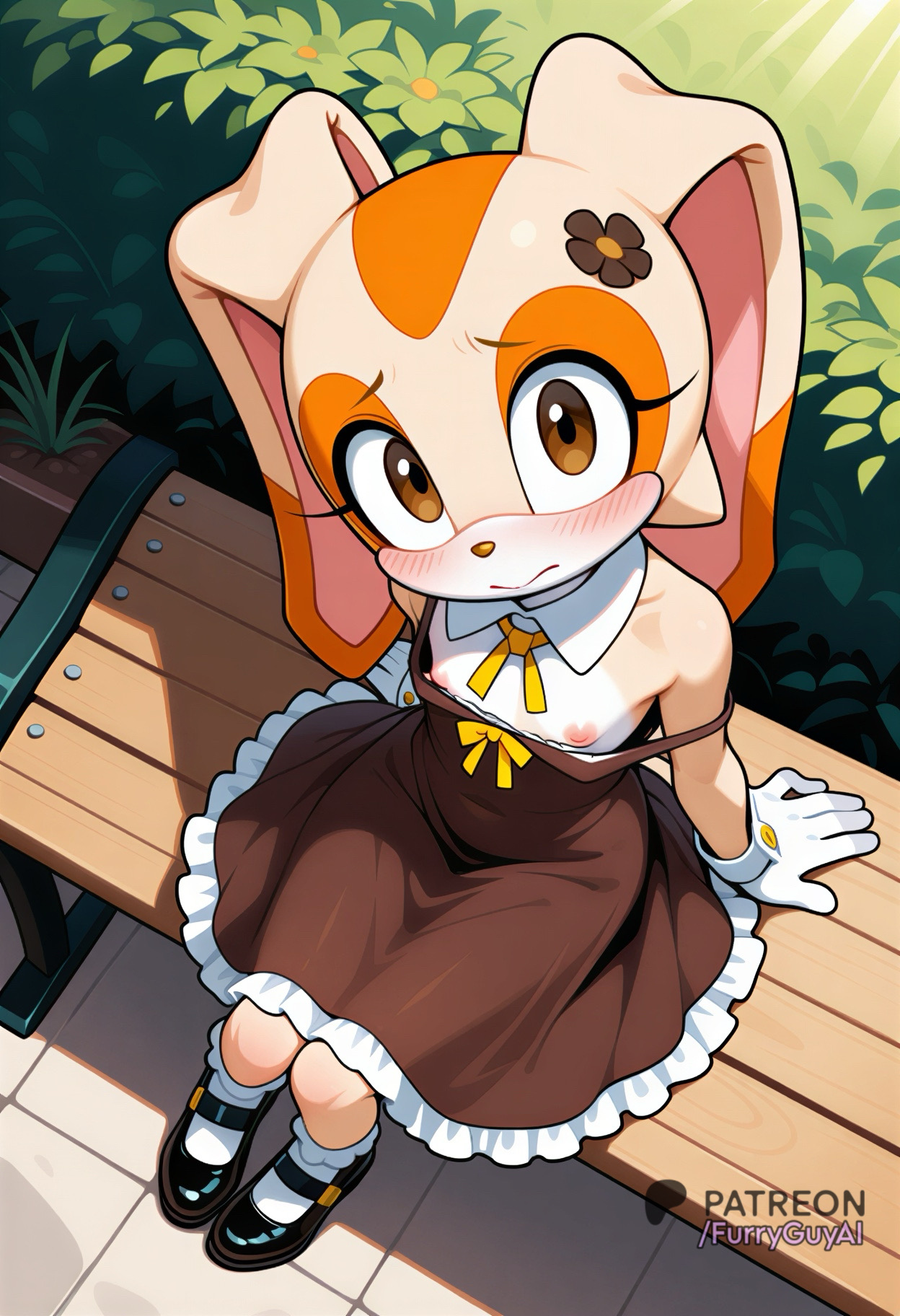 ai, ai art, ai assisted, ai generated, anthro, blush, cream the rabbit, cute, dress, flat chest, flat chested, furry, furry female, furryguyai, humanoid, innocent, looking up, nipple slip, nipples, outdoors, outside, rabbit, rabbit ears, rabbit girl, rabbit humanoid, shy, sonic (series), sonic the hedgehog (series), sunlight