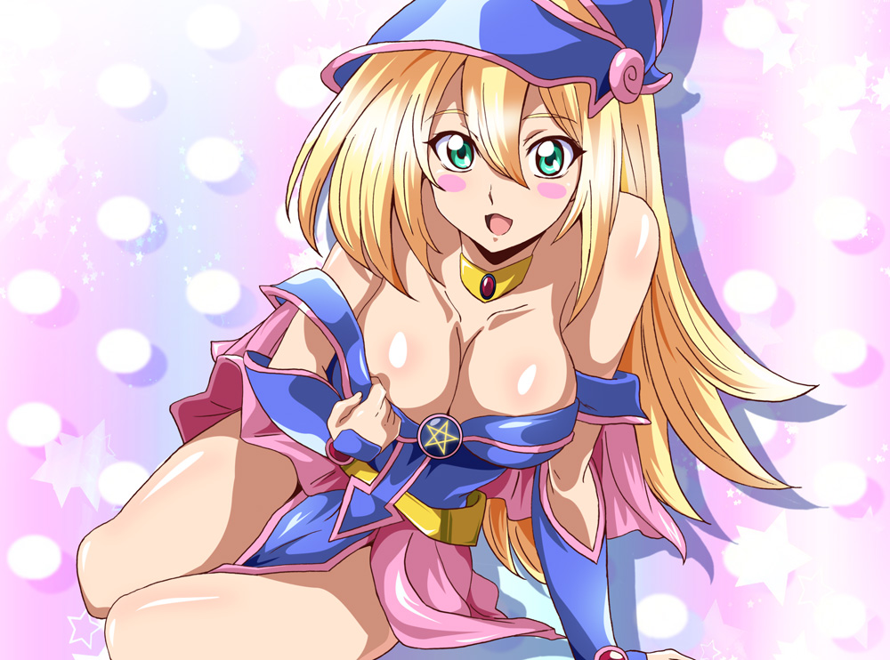 :d arm_support bare_shoulders blonde_hair blush_stickers bracer breasts capelet choker cleavage clothes_pull collarbone dark_magician_girl duel_monster female green_eyes hair hat headgear large_breasts long_hair looking_at_viewer off_shoulder open_mouth pentacle sitting smile solo star starry_background washizuka_shou wizard_hat yokozuwari yu-gi-oh! yuu-gi-ou_duel_monsters