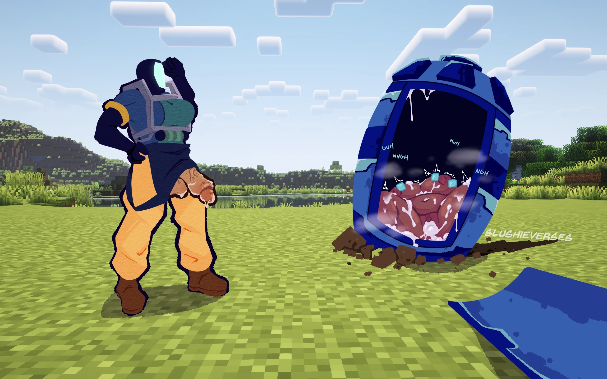 1futa, 1girls, 2025, after sex, big breasts, breasts, cum, cum inside, dark skin, dark skinned female, drifter (risk of rain), drop pod, excessive cum, female, futa/female, futanari, helmet, interracial, jacket, laying down, loader (risk of rain), minecraft, orange clothing, parody, penis, penis out, pierced nipples, piercing, risk of rain, risk of rain 2, slushieverses